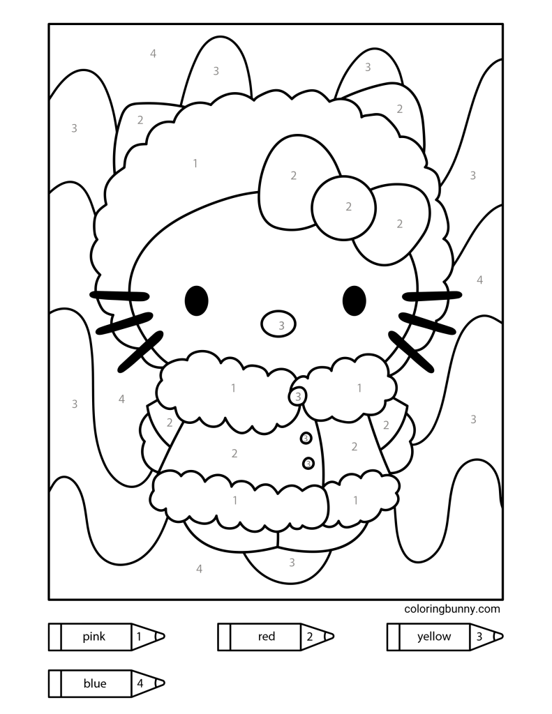 A Hello Kitty Christmas color-by-number coloring page featuring Hello Kitty in a fluffy winter outfit with a bow, surrounded by snowy hills pattern. The numbers guide which colors to use: 1 for pink, 2 for red, 3 for yellow, and 4 for blue.