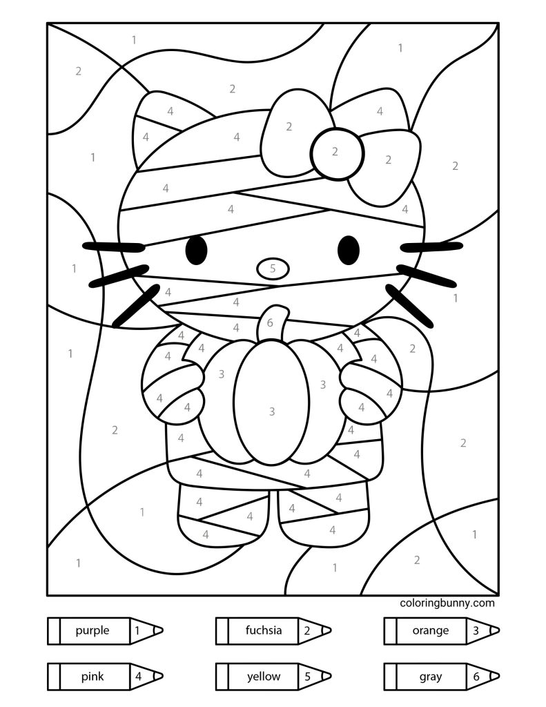 Hello Kitty color-by-numbers Halloween coloring page featuring Hello Kitty dressed as a cute mummy holding a pumpkin. Includes numbered color guide with purple, fuchsia, orange, pink, yellow, and gray crayons.