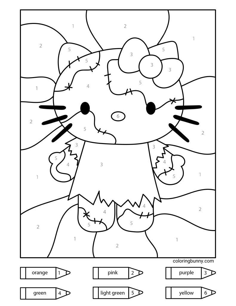 Hello Kitty color-by-numbers Halloween coloring page featuring Hello Kitty in a cute stitched-up costume. The numbered guide includes orange, pink, purple, green, light green, and yellow crayons.