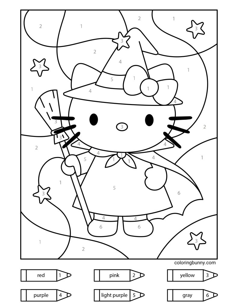 Hello Kitty dressed as a cute little witch holding a broomstick, surrounded by stars. The color-by-number page includes numbered sections for colors like red, pink, purple, light purple, yellow, and gray.