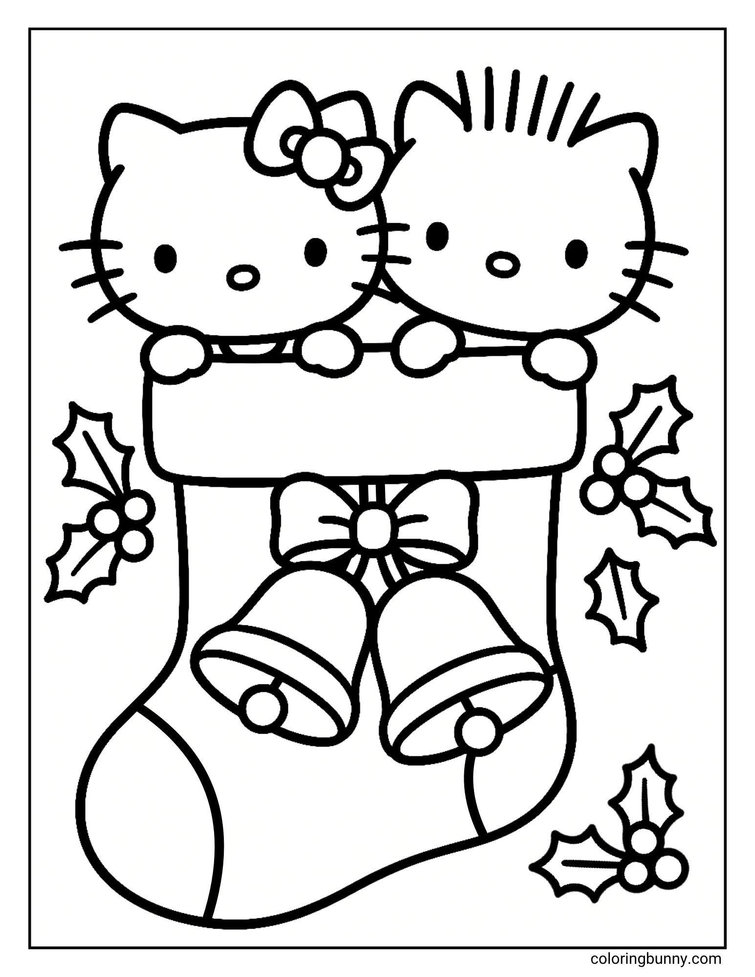 A Hello Kitty Christmas coloring page featuring Hello Kitty and Dear Daniel peeking out from the top of a large Christmas stocking. The stocking is decorated with jingle bells and a bow, and is surrounded by holly.