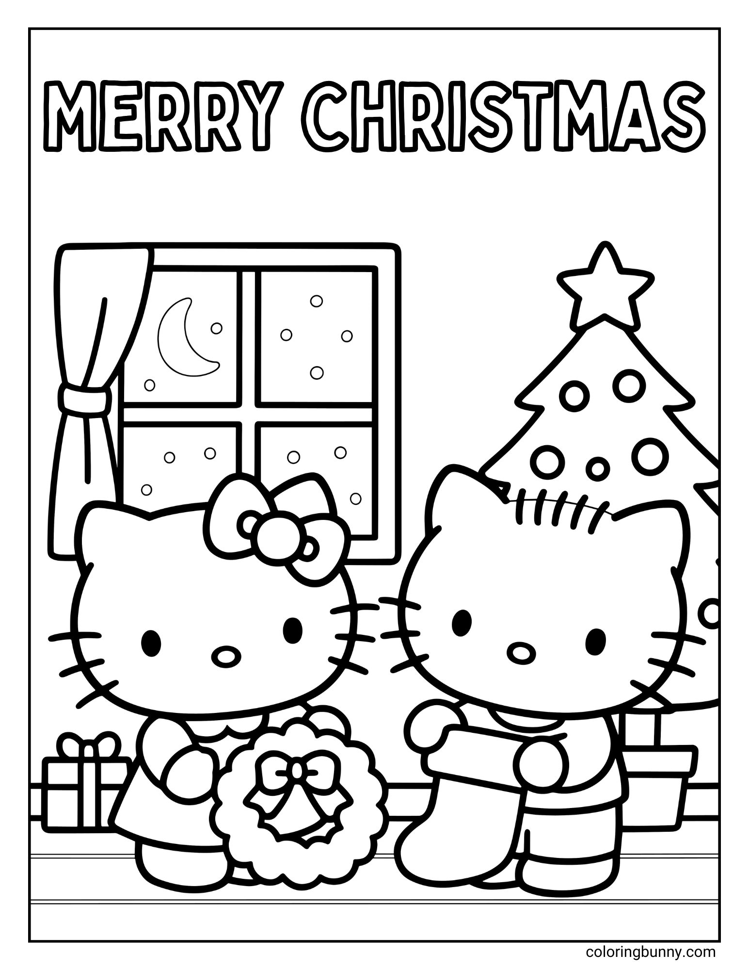 A cute Hello kitty Christmas coloring page featuring Hello Kitty and her friend Dear Daniel. They are standing in a cozy room, with Hello Kitty holding a wreath and Dear Daniel holding a stocking. The background shows a decorated Christmas tree and a snowy window. The words "MERRY CHRISTMAS" are written at the top.
