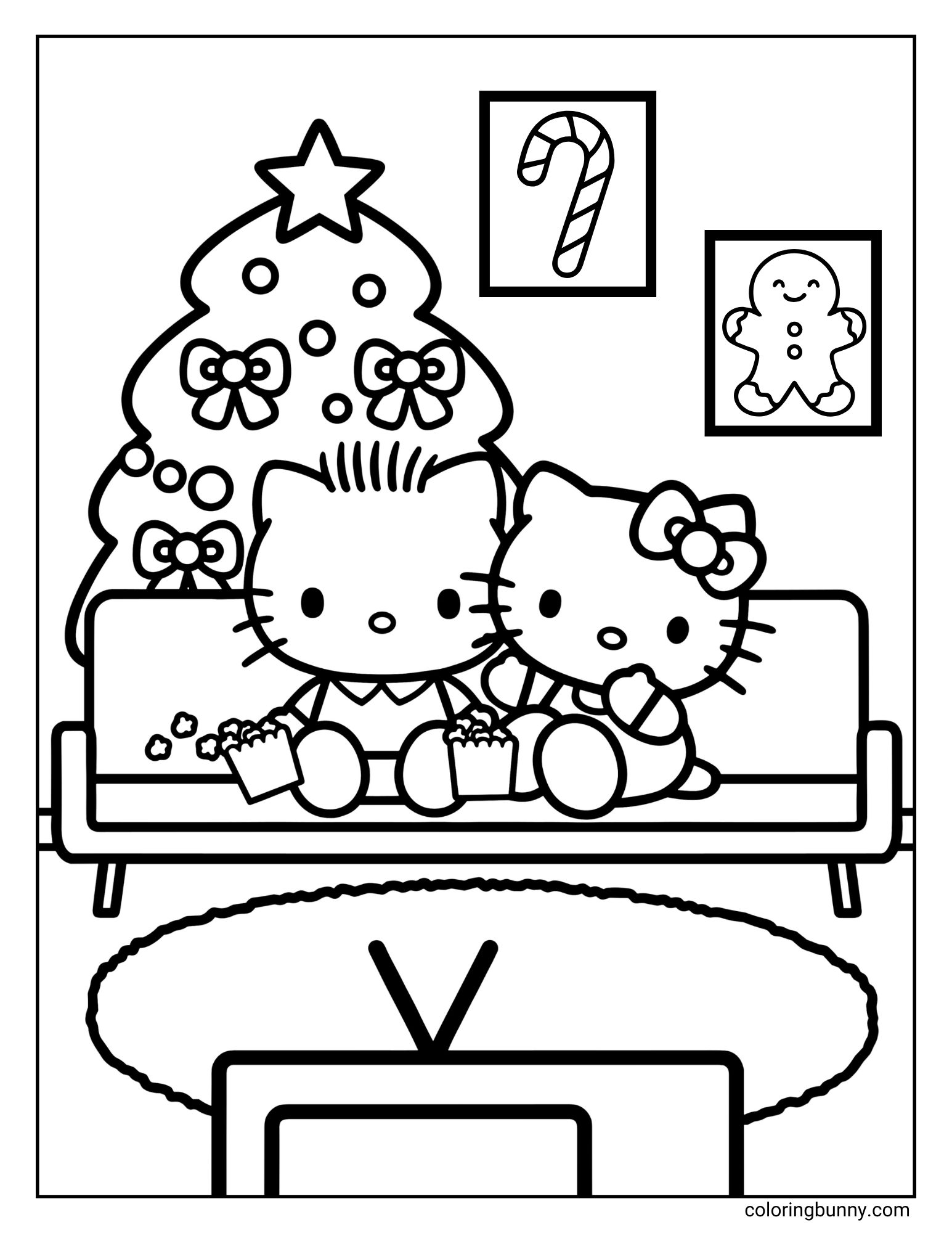 A black and white cozy Hello Kitty Christmas coloring page featuring Hello Kitty and Dear Daniel snuggled up on a couch, eating popcorn while watching TV. Behind them, there's a decorated Christmas tree and framed pictures of a candy cane and a gingerbread man.