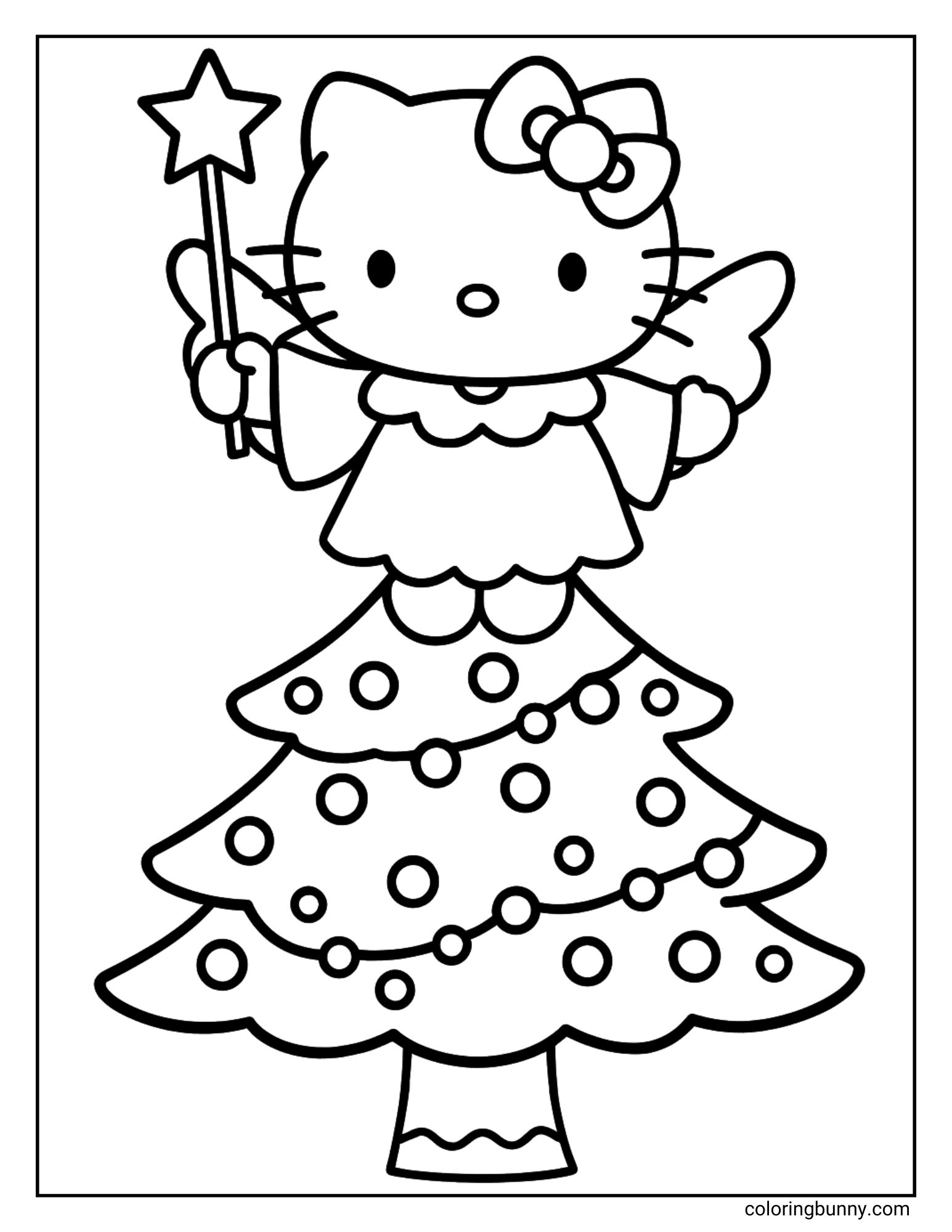 A Hello Kitty Christmas coloring page featuring Hello Kitty dressed as an angel, complete with wings and a star wand. She is sitting on the top of a decorated Christmas tree.