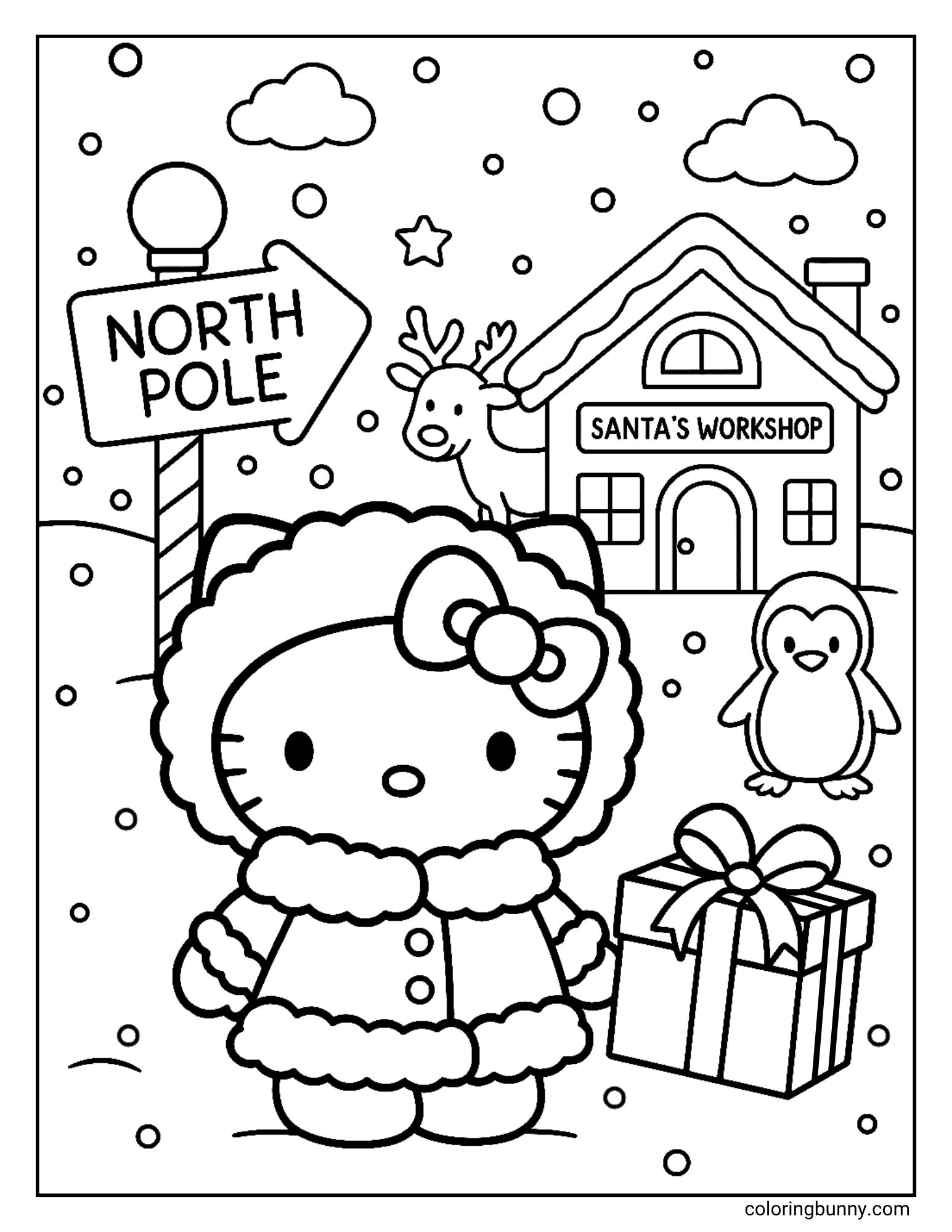 Hello Kitty Christmas coloring page featuring Hello Kitty at the North Pole. She is wearing a fuzzy winter coat and hat, standing near a penguin, a present, a "NORTH POLE" sign, and "SANTA'S WORKSHOP" in the background.