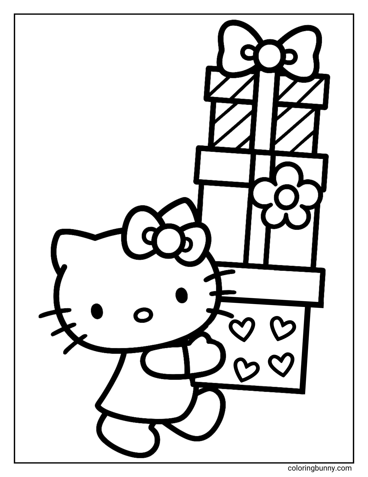A coloring page featuring Hello Kitty walking while carrying a tall stack of three wrapped presents. The presents are decorated with bows, stripes, a flower, and hearts.