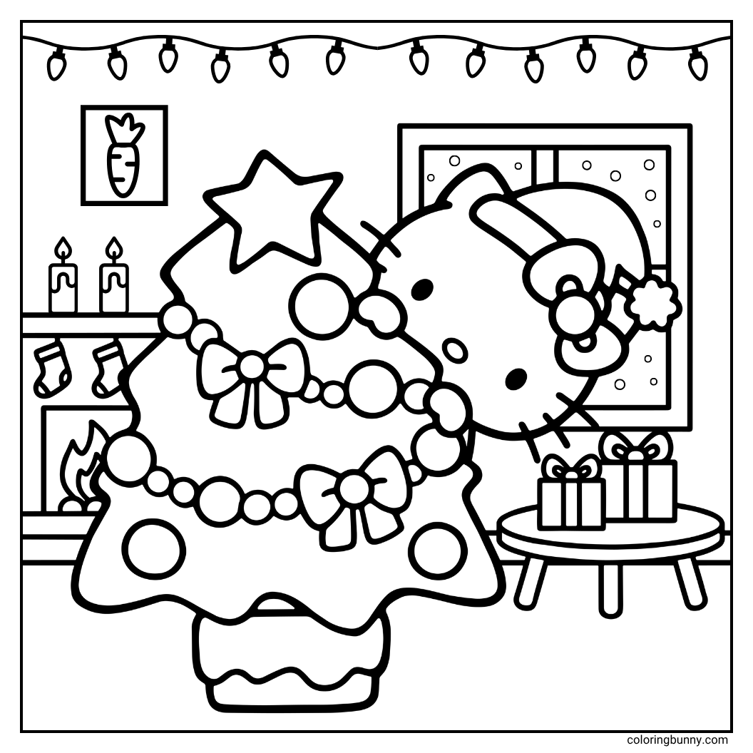 A Hello Kitty Christmas coloring with her in a Santa hat peeking out from behind a decorated tree. The cozy room background includes a fireplace, stockings, and a snowy window.