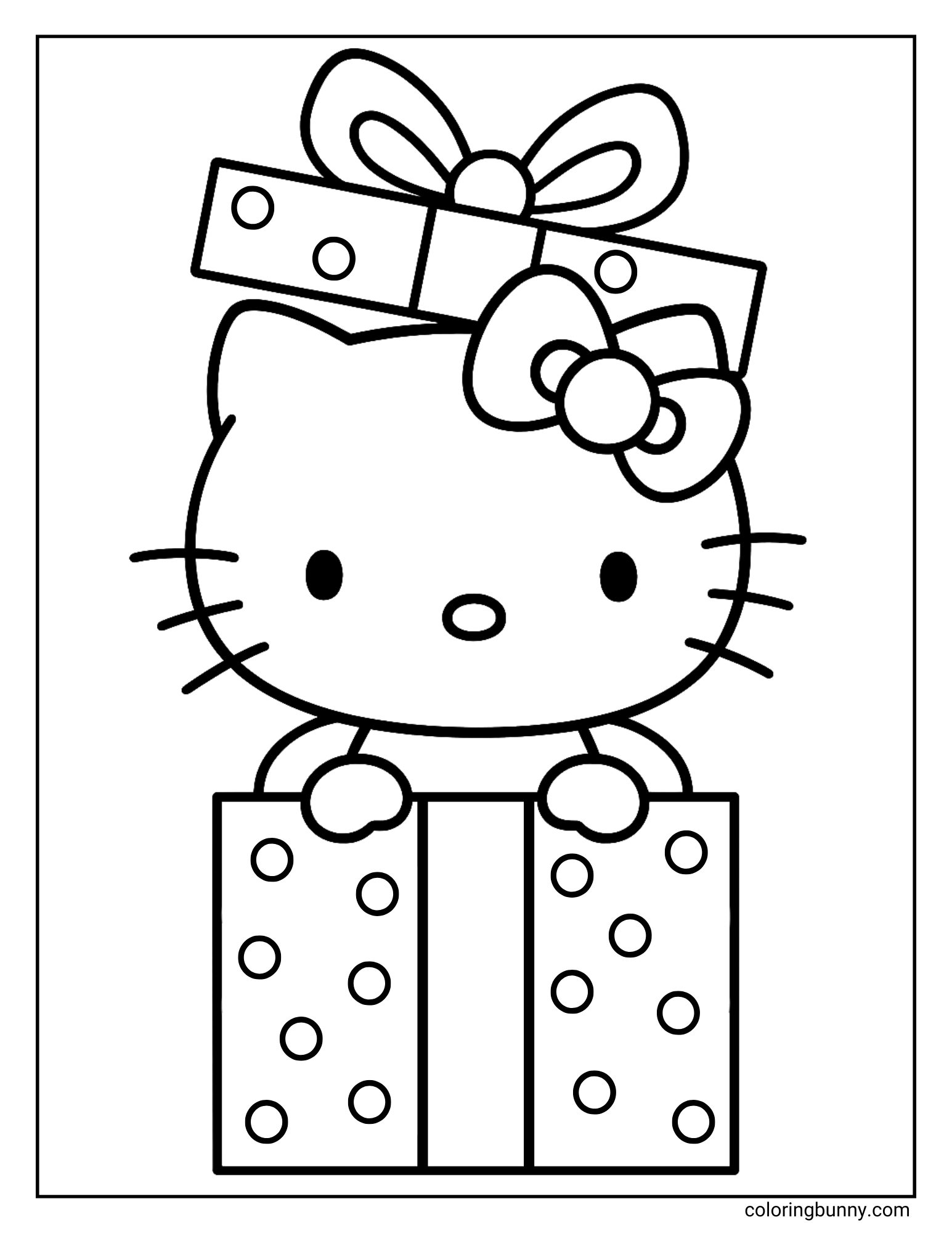A Hello Kitty Christmas coloring page featuring the Sanrio character peeking out of a tall, polka-dotted gift box. The lid of the box, which also has polka dots and a bow, is resting on her head.