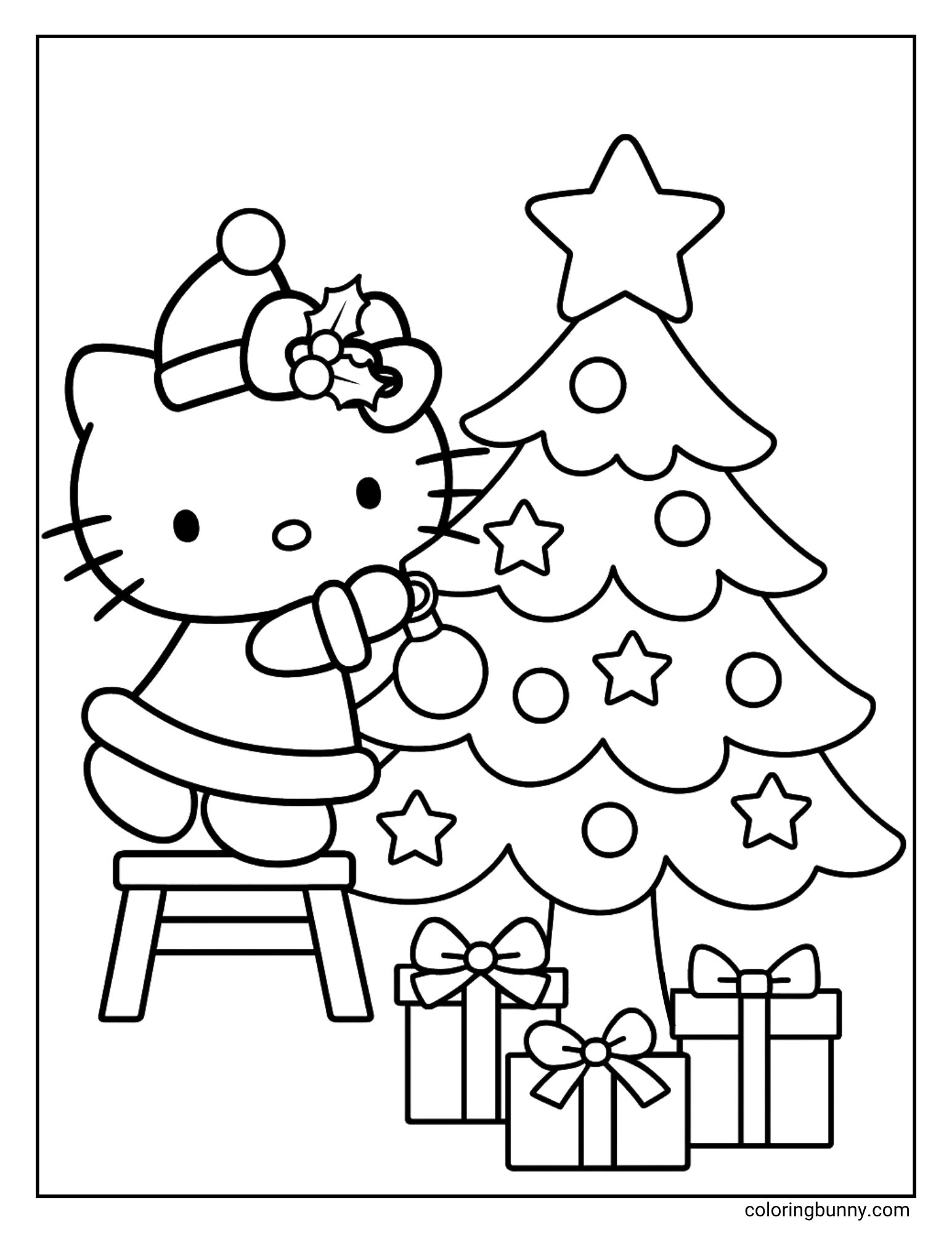 A Hello Kitty Christmas coloring page featuring Hello Kitty in a Santa hat standing on a stool. She is hanging an ornament on a decorated Christmas tree, and several wrapped presents are on the floor at its base.