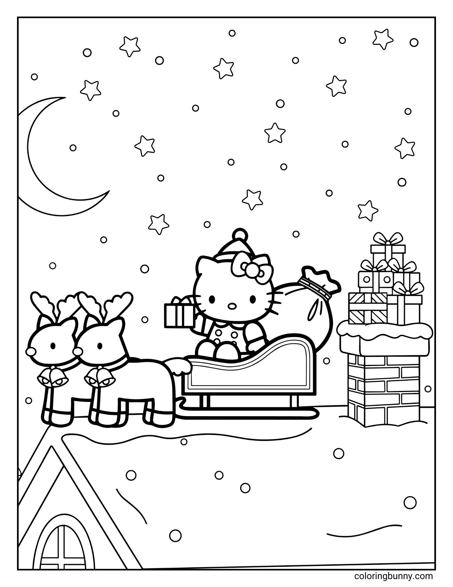 A black and white outline coloring page showing Hello Kitty dressed as Santa, sitting in her sleigh on a snowy rooftop. Her sleigh is full of presents and is attached to two cute reindeer. In the background, there's a chimney stacked with gifts, a crescent moon, and falling snow.