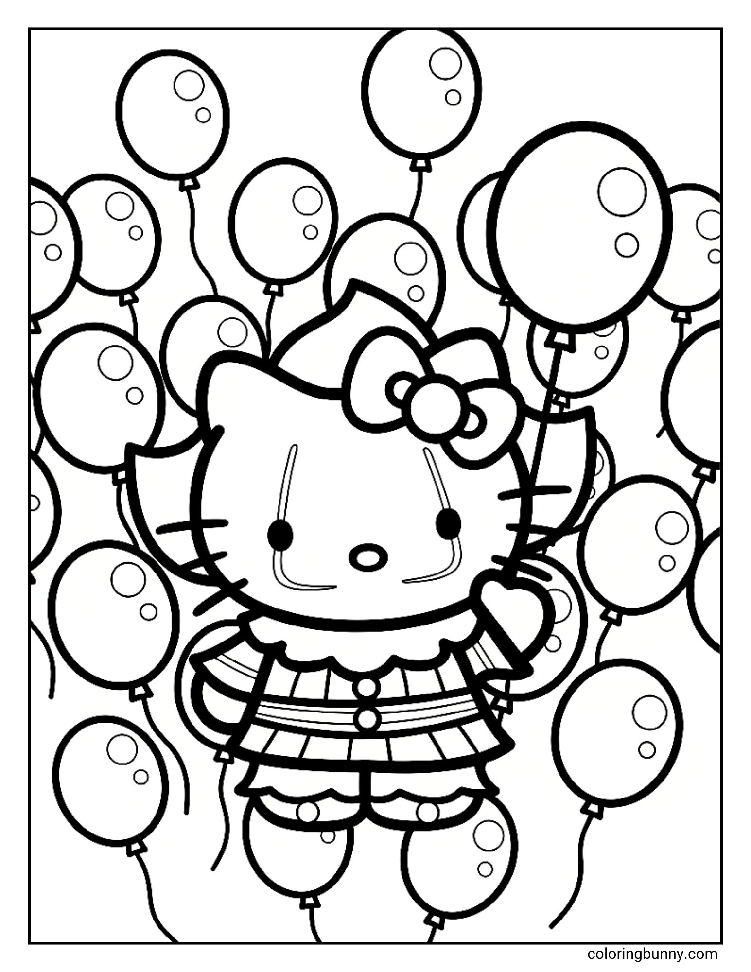 A Halloween coloring page featuring Hello Kitty dressed in a spooky clown costume resembling Pennywise. She is holding a balloon, and the background is completely filled with more floating balloons.