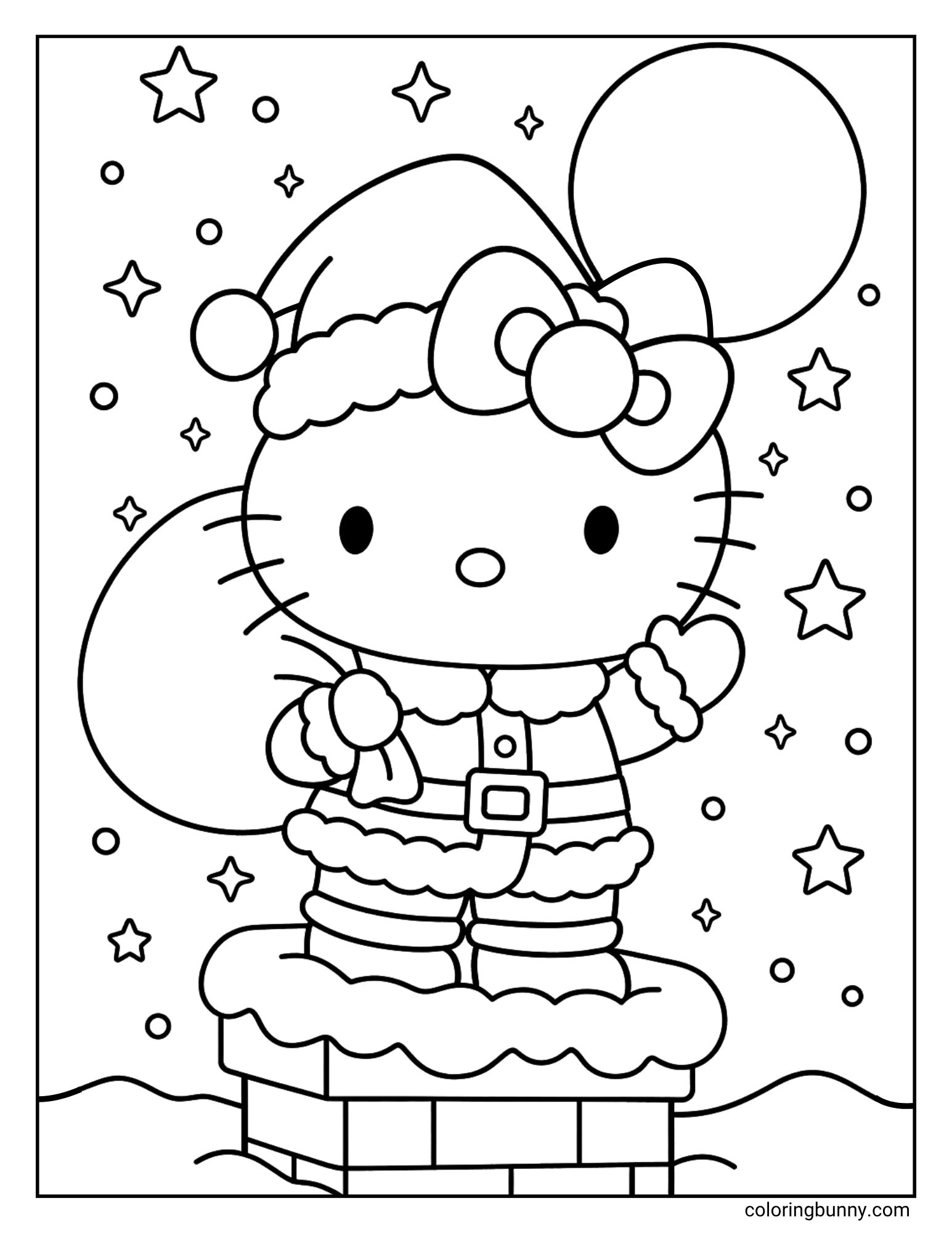 A Hello Kitty Christmas coloring page featuring Hello Kitty dressed in a full Santa Claus suit. She is standing on a snowy chimney, holding a large sack of toys under a starry night sky.