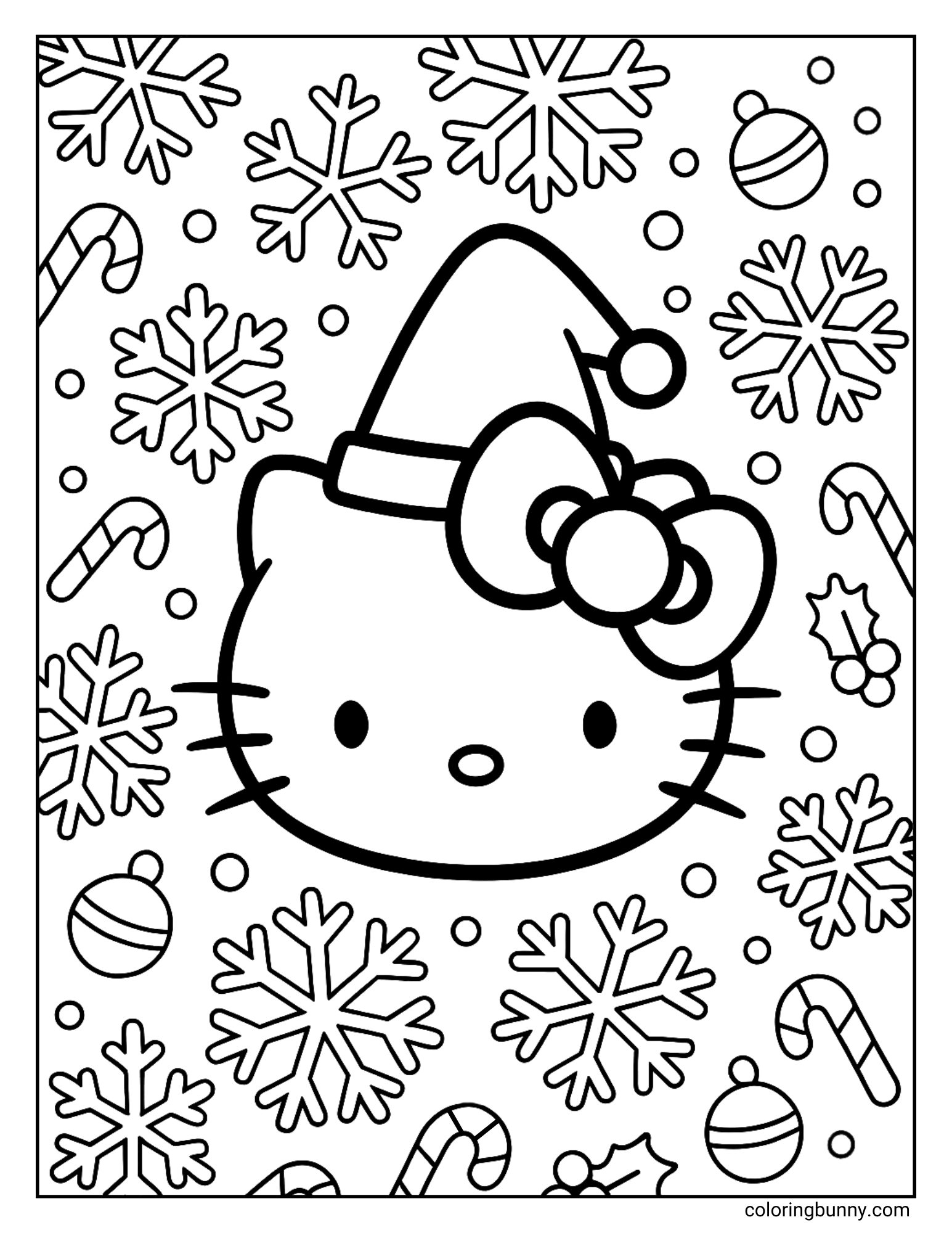 A Hello Kitty Christmas coloring page featuring the face of Hello Kitty wearing a Santa hat. The background is a dense pattern of snowflakes, candy canes, ornaments, and holly.