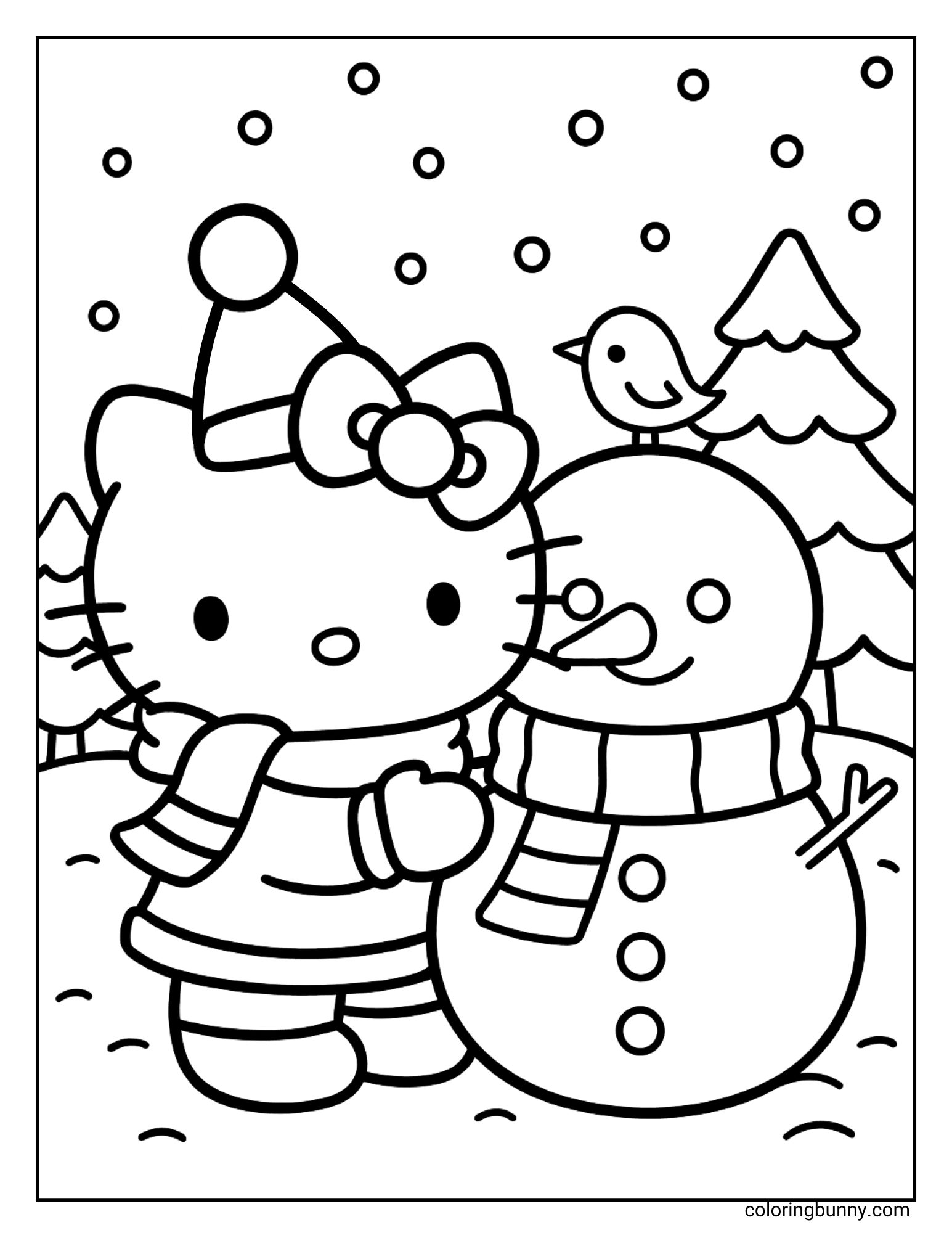 A Hello Kitty Christmas coloring page featuring Hello Kitty wearing a hat and scarf as she hugs a smiling snowman. A bird sits on the snowman's head, and snow falls in the background.