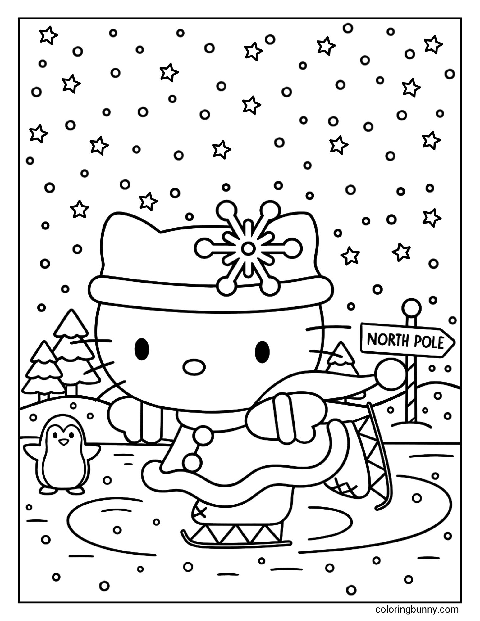 A Hello Kitty Christmas coloring page featuring Hello Kitty ice skating. She is wearing a winter coat and a hat with a snowflake. The scene includes a penguin, a "NORTH POLE" sign, and a snowy, starry sky.