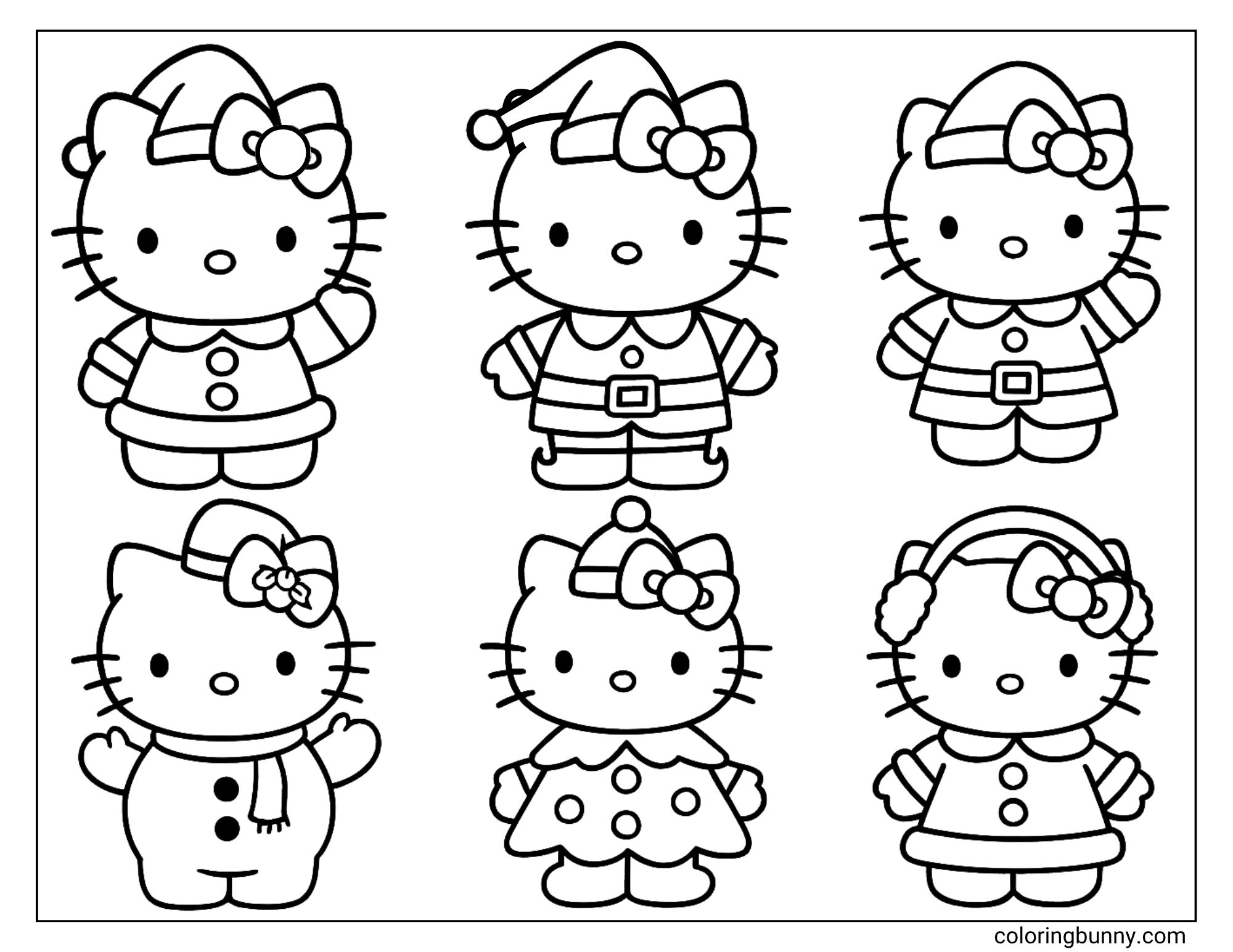 A Hello Kitty Christmas coloring page featuring Hello Kitty modeling six different holiday outfits. The outfits include various Santa suits, an elf costume, a snowman costume, and a winter dress with earmuffs.