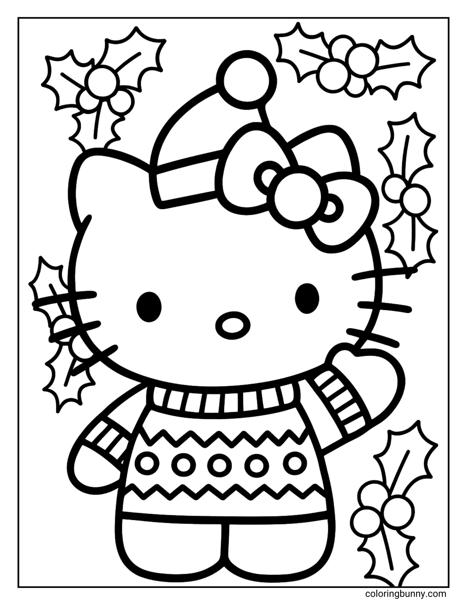 A Hello Kitty Christmas coloring page featuring Hello Kitty wearing a Santa hat, mittens, and a festive patterned winter sweater. She is waving, and the background is decorated with holly.