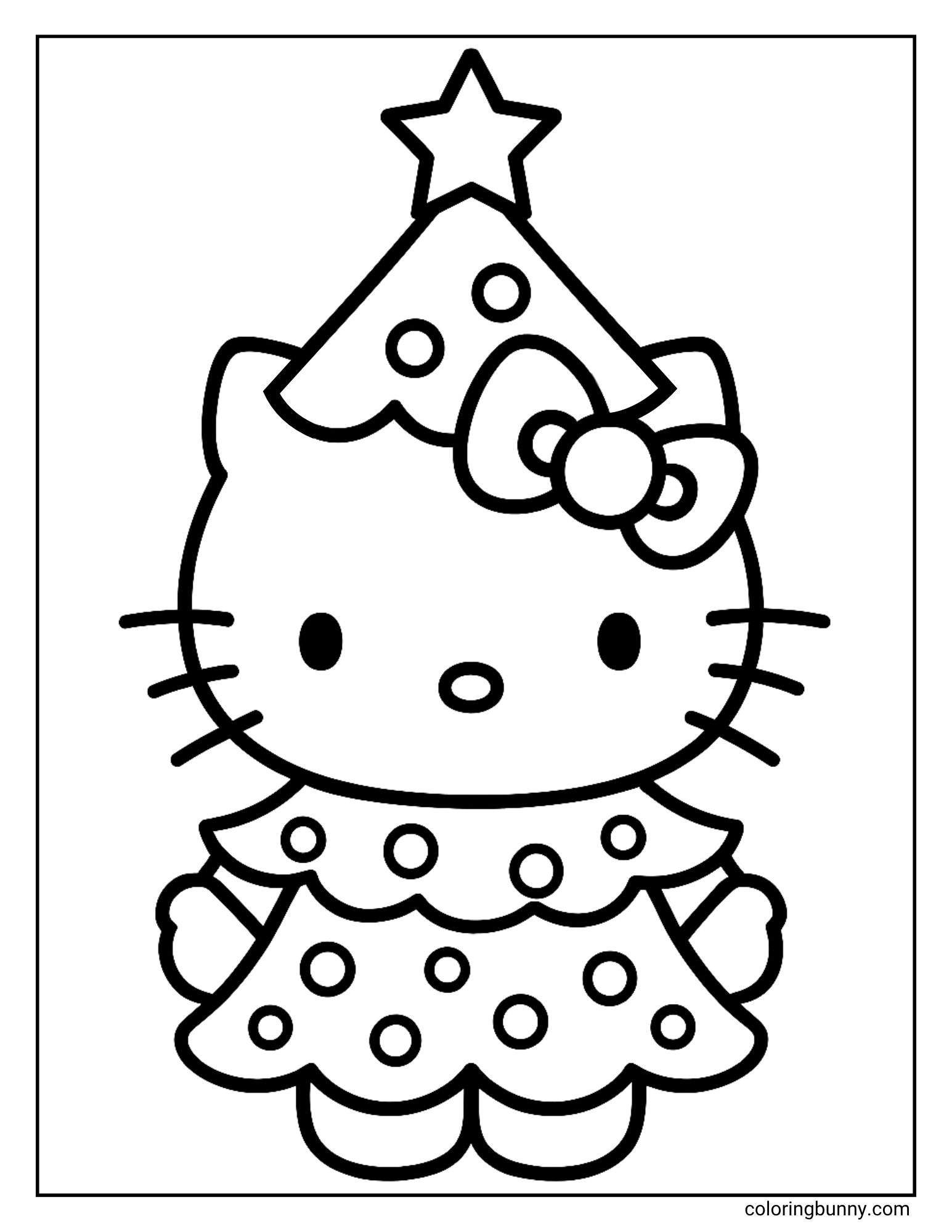 A Hello Kitty Christmas coloring page featuring Hello Kitty wearing a costume. The costume makes her look like a decorated Christmas tree, complete with a star on her hat.