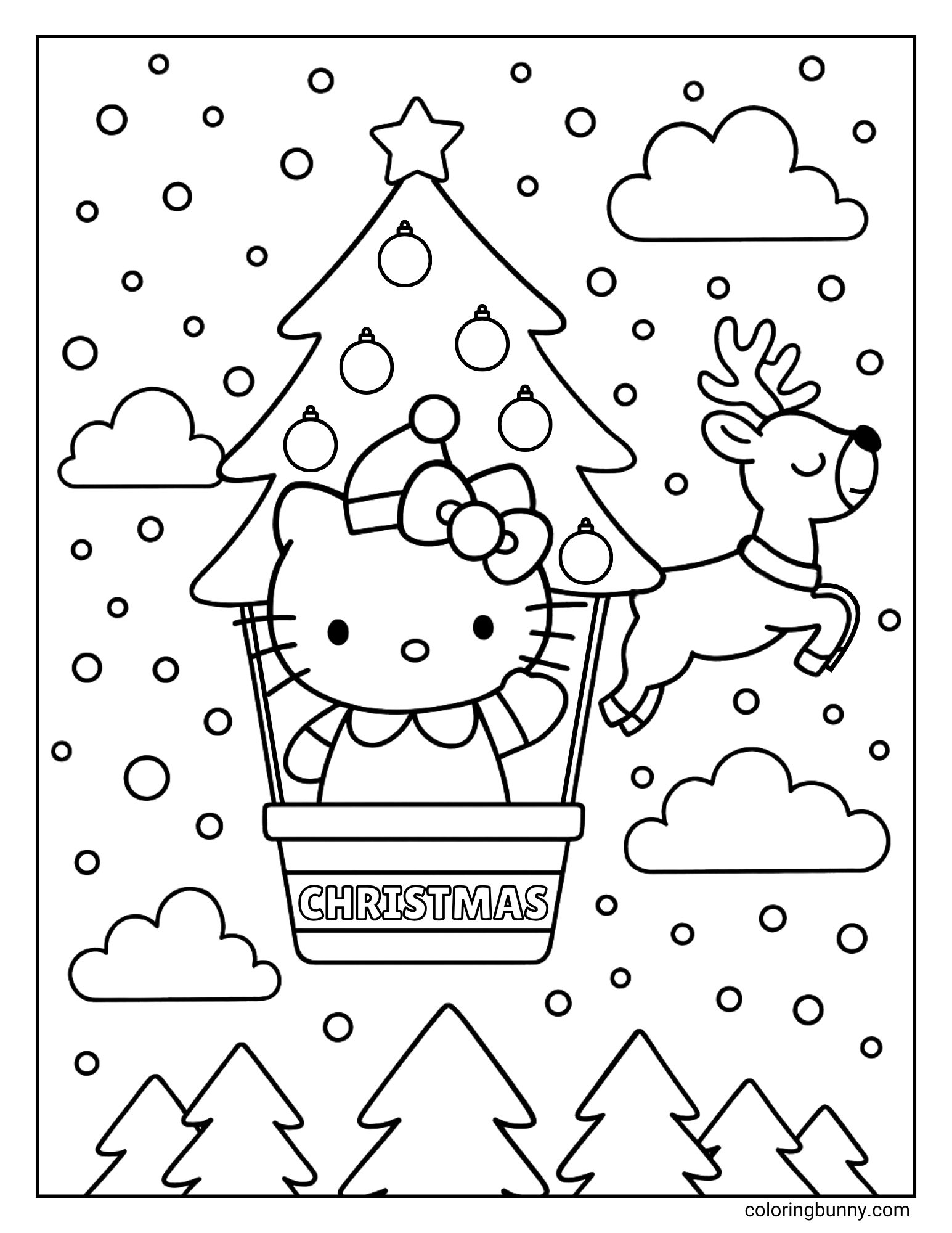 A Hello Kitty Christmas coloring page featuring Hello Kitty in a hot air balloon. The balloon is shaped like a decorated Christmas tree and is being pulled by a reindeer. The basket has the word "CHRISTMAS" on it, and the scene is a snowy sky.