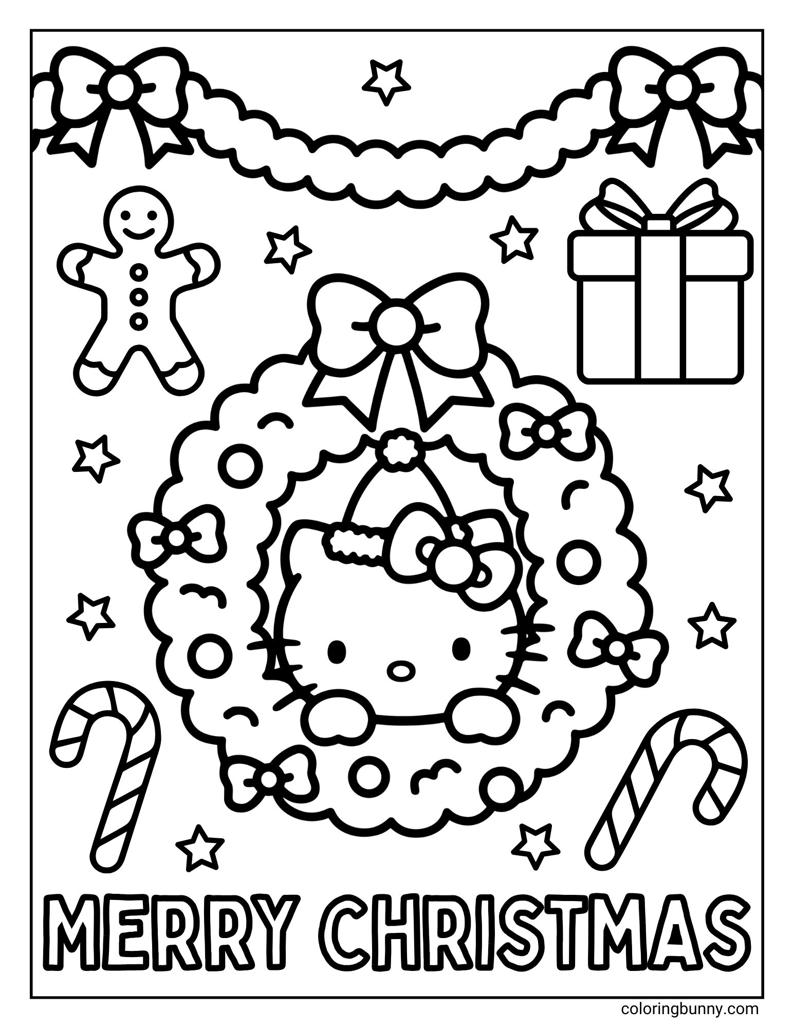 A Hello Kitty Christmas coloring page with the text "MERRY CHRISTMAS" at the bottom. The main image is the character Hello Kitty's head peeking through the center of a festive wreath. The scene is decorated with a gingerbread man, a present, candy canes, garlands, and stars.