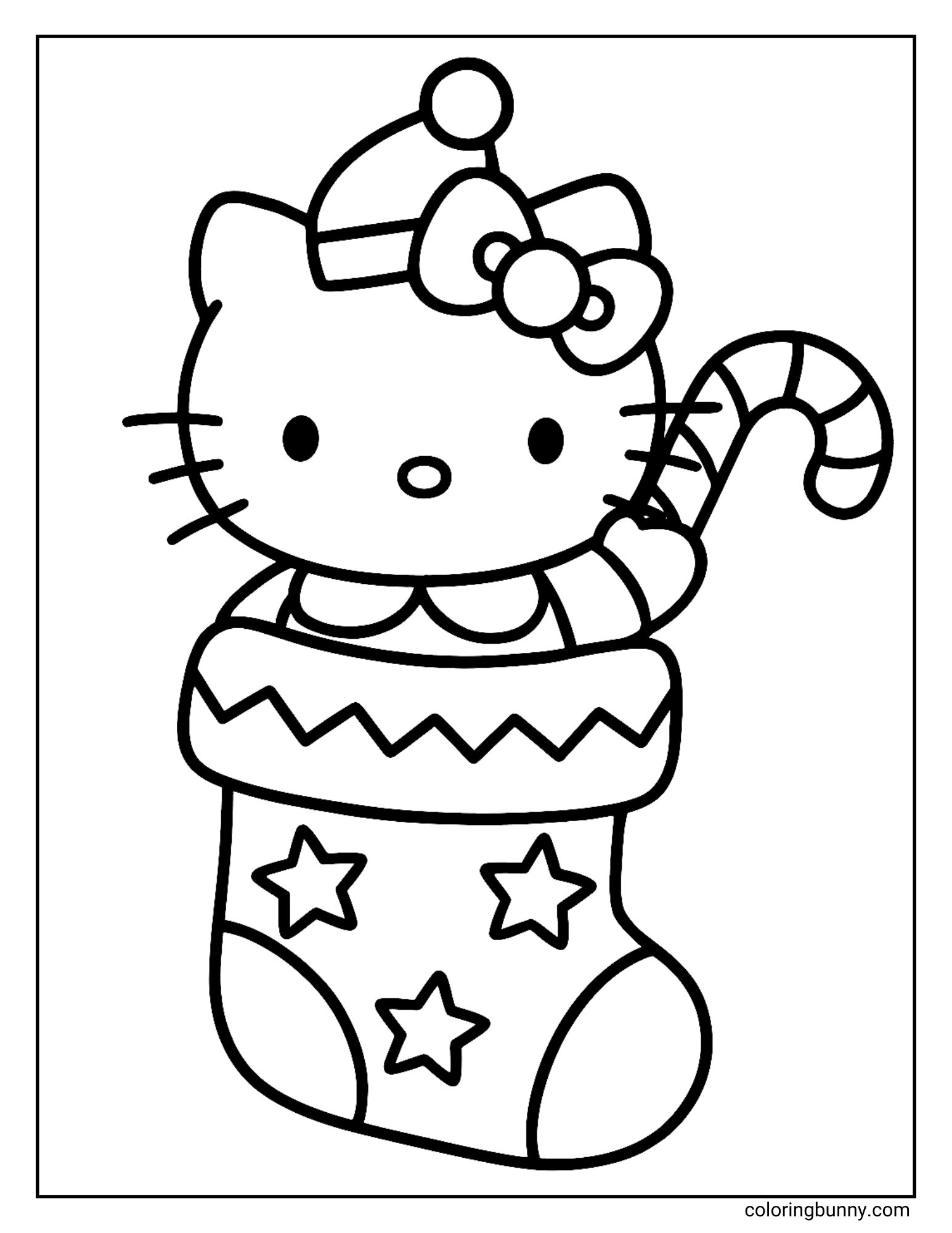 A Hello Kitty Christmas coloring page featuring Hello Kitty in a Santa hat, peeking out of a Christmas stocking. She is holding a candy cane, and the stocking is decorated with stars.