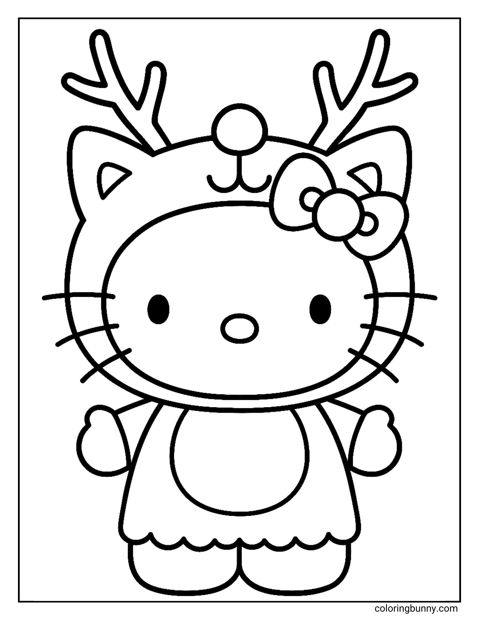 A Hello Kitty Christmas coloring page featuring Hello Kitty dressed in a full reindeer costume, complete with antlers. Her signature bow is on the hood of the costume.