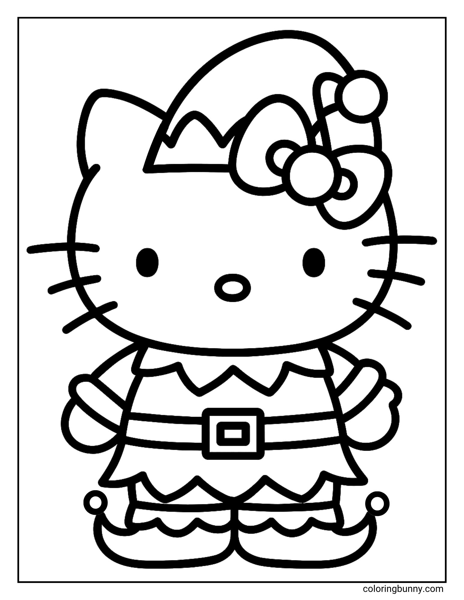 A coloring page of Hello Kitty dressed in a Christmas elf costume, complete with a hat, a belted tunic, and curly-toed shoes.