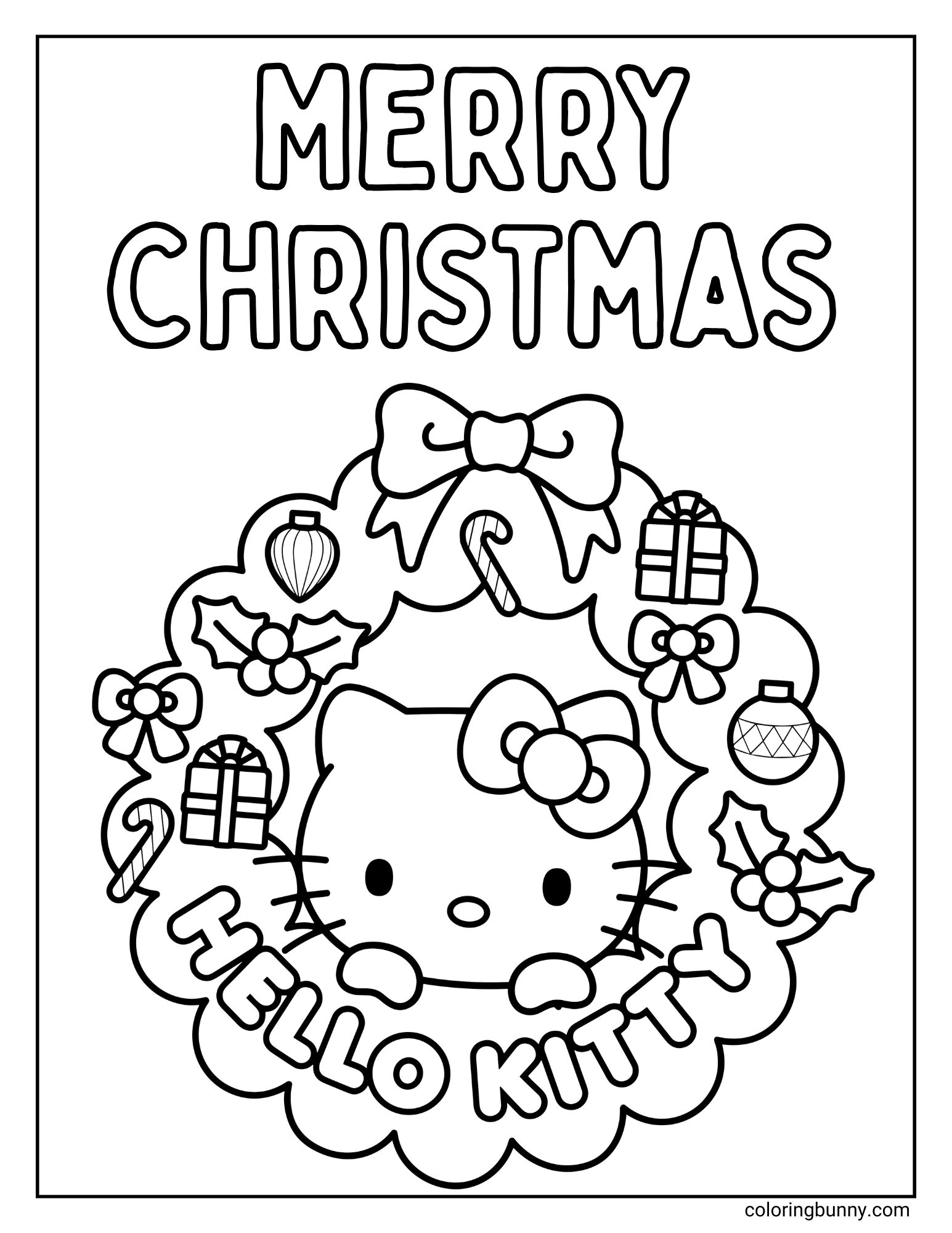 A Hello Kitty Christmas coloring page with "MERRY CHRISTMAS" at the top. The center features Hello Kitty's face peeking out from a festive wreath. The text "HELLO KITTY" is on the wreath, which is decorated with gifts, bows, and holly.