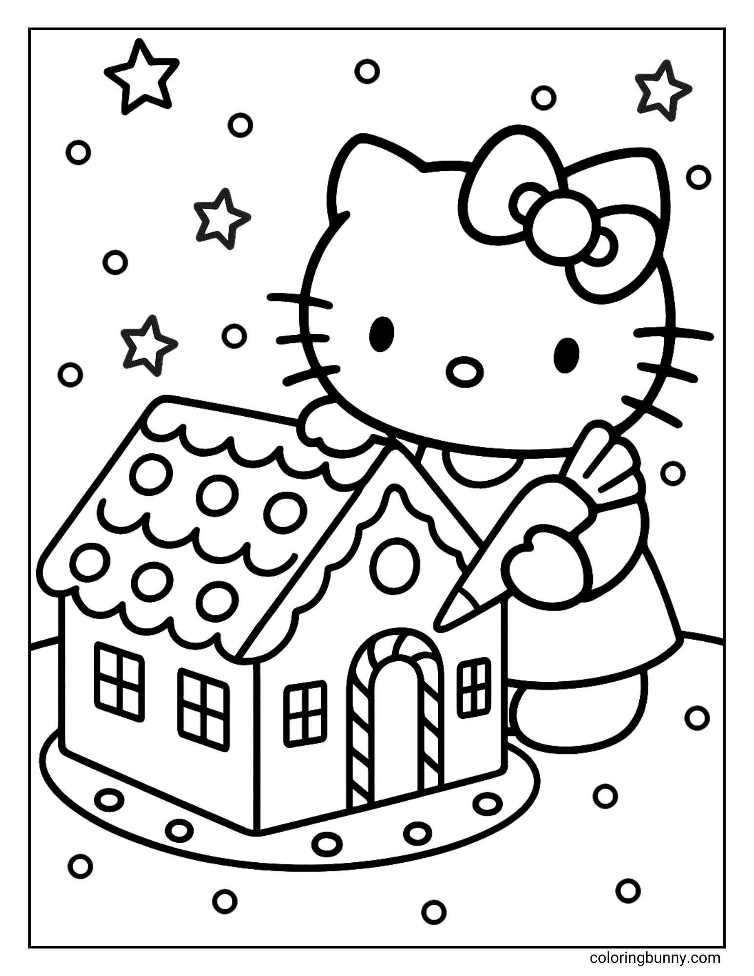 A Christmas coloring page featuring Hello Kitty decorating a gingerbread house. She is holding a piping bag of icing, and the background is filled with snow and stars.