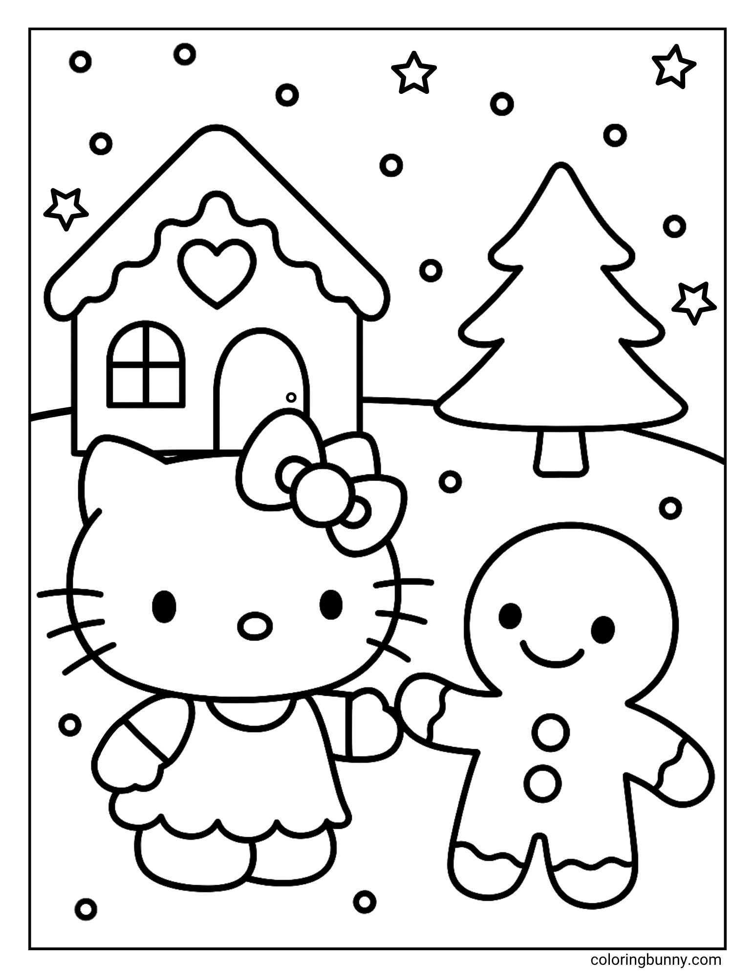 A coloring page featuring Hello Kitty standing next to a smiling gingerbread man. They are in a snowy scene with a gingerbread house and a pine tree in the background.