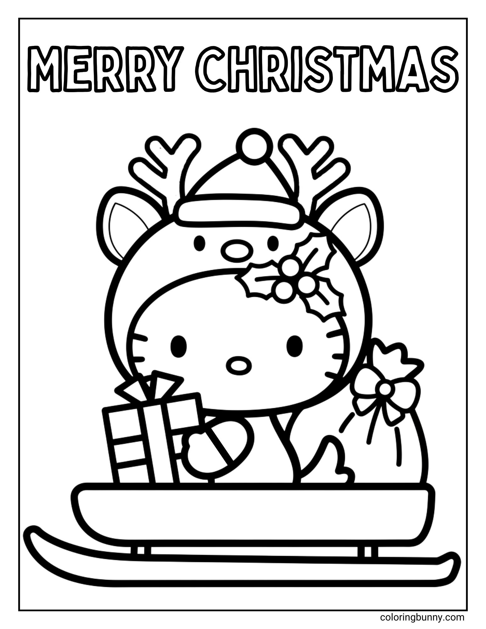 A Hello Kitty Christmas coloring page with the text "MERRY CHRISTMAS" at the top. The character Hello Kitty is wearing a reindeer costume with antlers and is sitting in a sleigh, holding a present and a sack of gifts.
