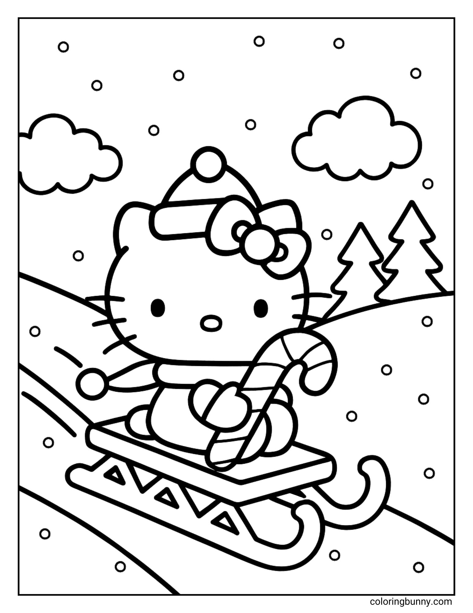 A winter and Christmas Helllo Kitty coloring page featuring Hello Kitty sledding down a hill. She is wearing a Santa hat and scarf, and holding a large candy cane while riding on a sled. The background shows snow and pine trees.