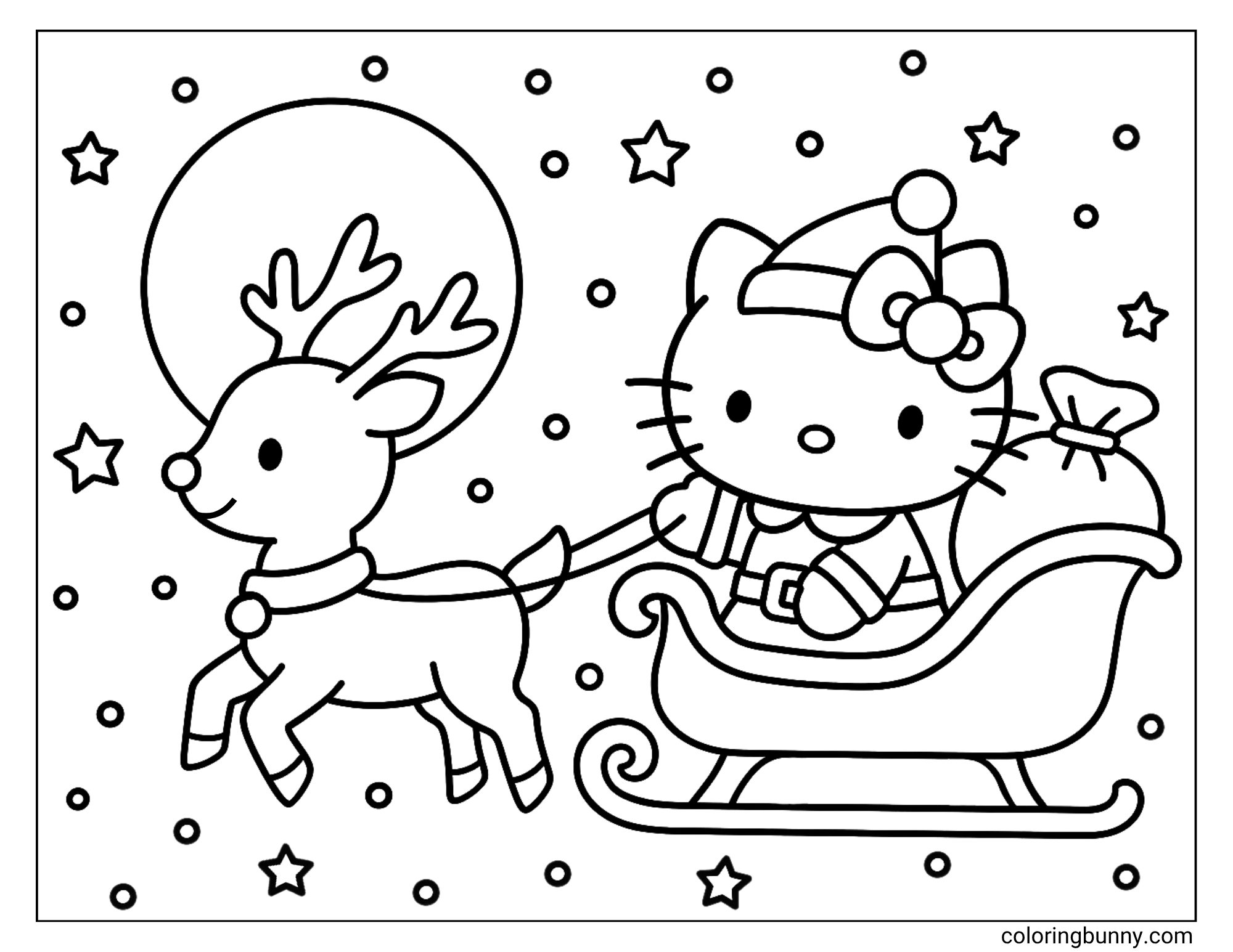 A Hello Kitty Christmas coloring of her dressed as Santa, riding in a sleigh. The sleigh is being pulled by a single reindeer under a full moon and a snowy, starry sky.