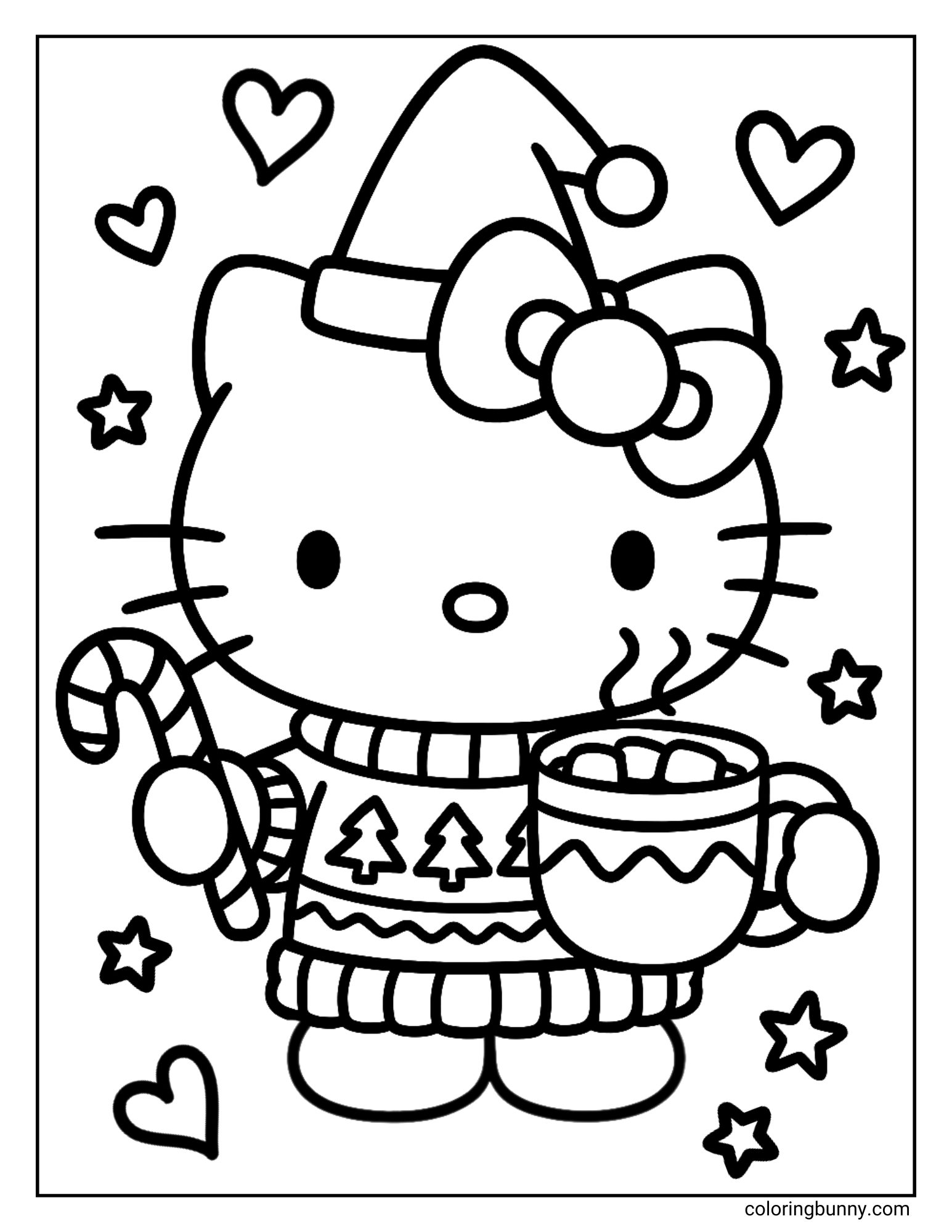 A black and white Hello Kitty Christmas coloring page featuring her in a Santa hat and a festive Christmas sweater. She is holding a candy cane in one hand and a steaming mug of hot cocoa in the other. The background is filled with hearts and stars.