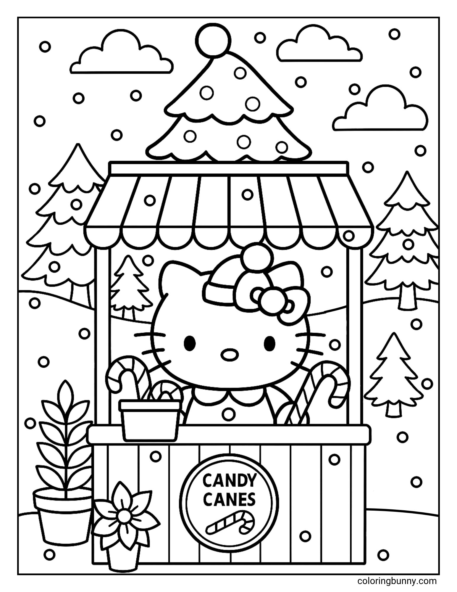 A Hello Kitty Christmas coloring page featuring Hello Kitty in a Santa hat running a festive booth. The booth has a "CANDY CANES" sign, and she is selling candy canes in a snowy, outdoor scene.