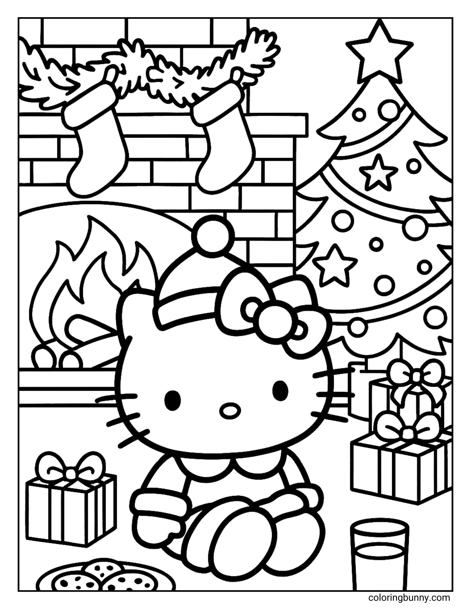 A Hello Kitty Christmas coloring page featuring Hello Kitty in a Santa hat, sitting in a festive room. The scene includes a plate of cookies, a glass of milk, presents, a decorated Christmas tree, and a fireplace with stockings.