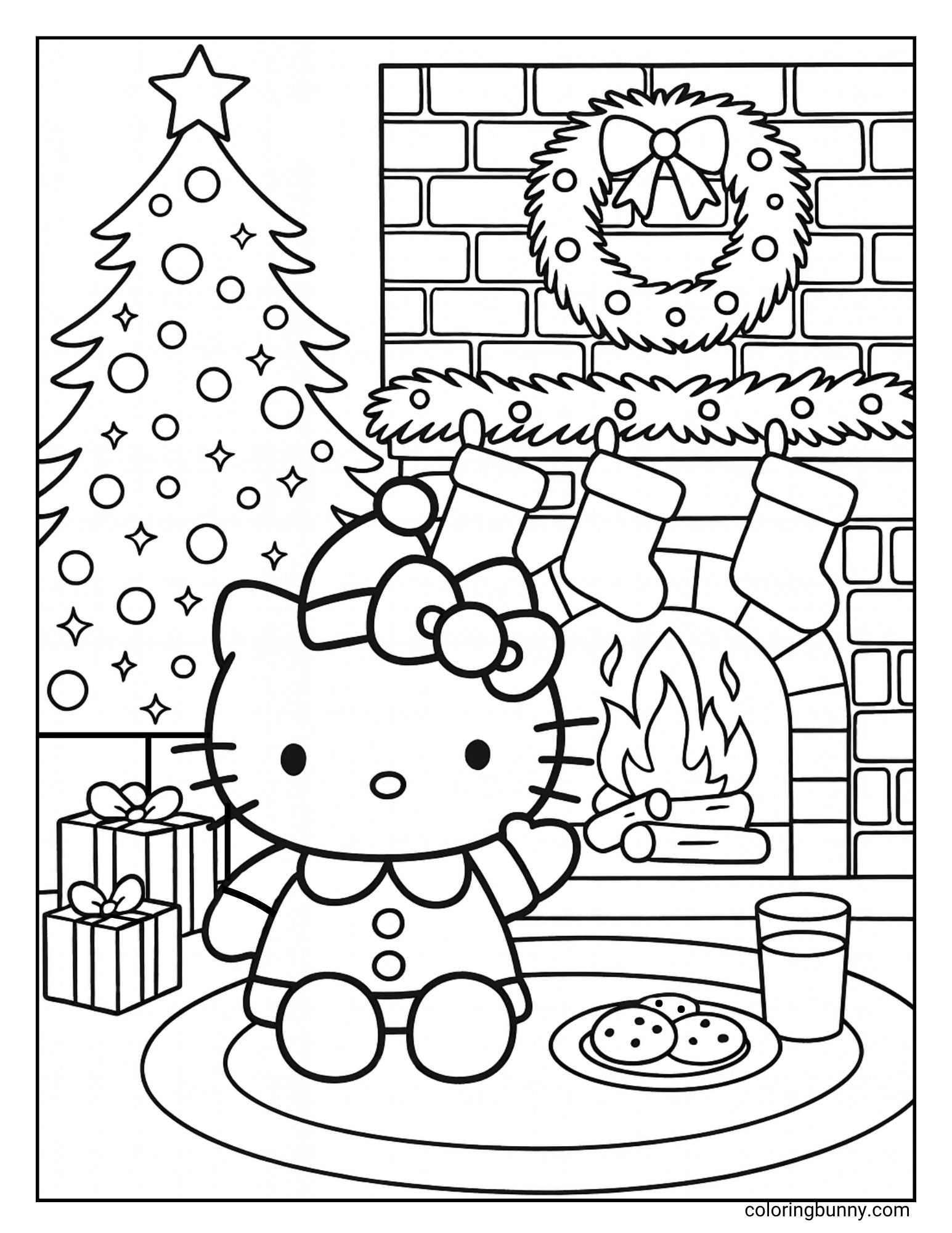 A Hello Kitty Christmas coloring page featuring Hello Kitty in a Santa hat. She is sitting in a cozy room with a plate of cookies and milk in front of her. The background includes a decorated Christmas tree and a fireplace with stockings.