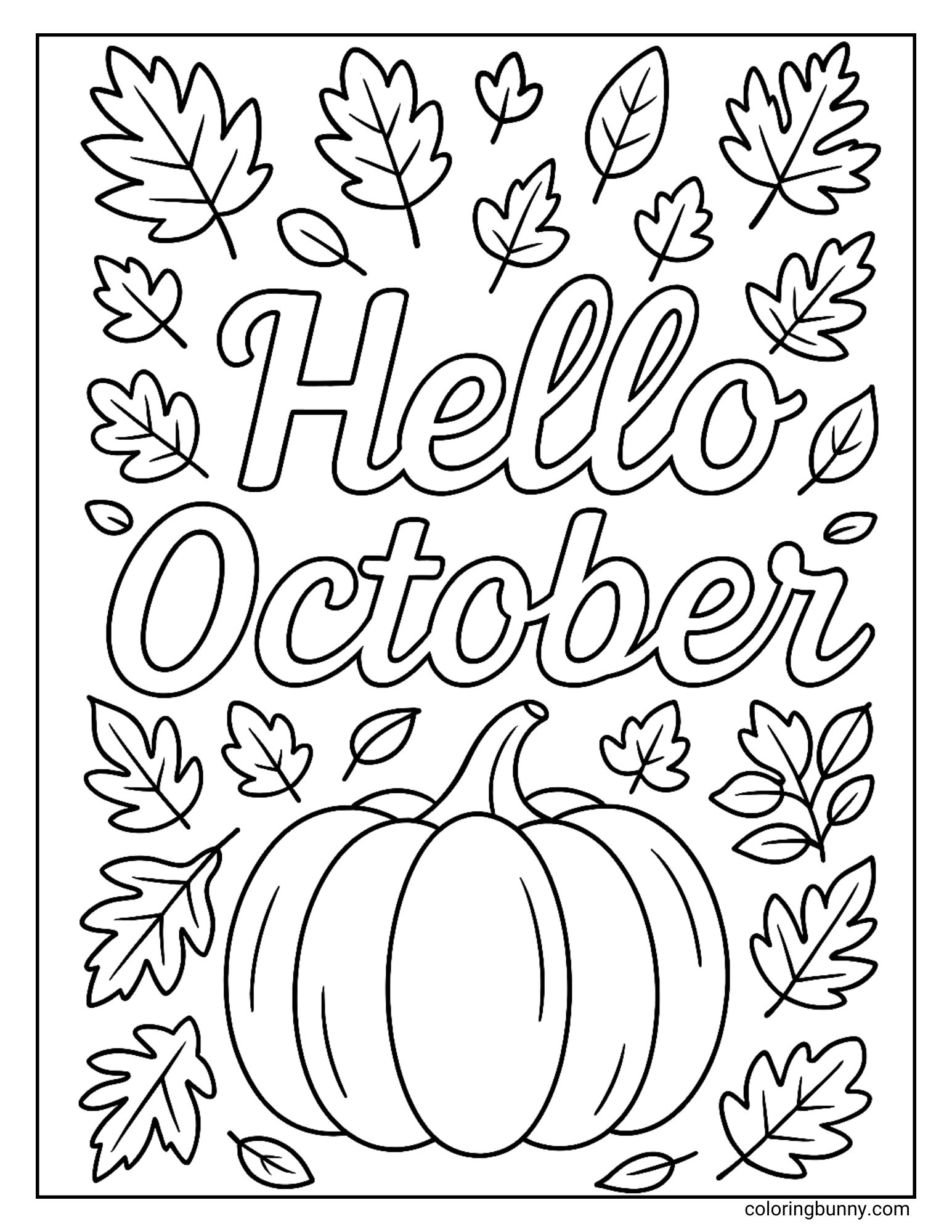 An elegant October coloring sheet with the words 'Hello October' written in a beautiful cursive script. Below the text is a large pumpkin, and the entire background is filled with a pattern of falling oak leaves.