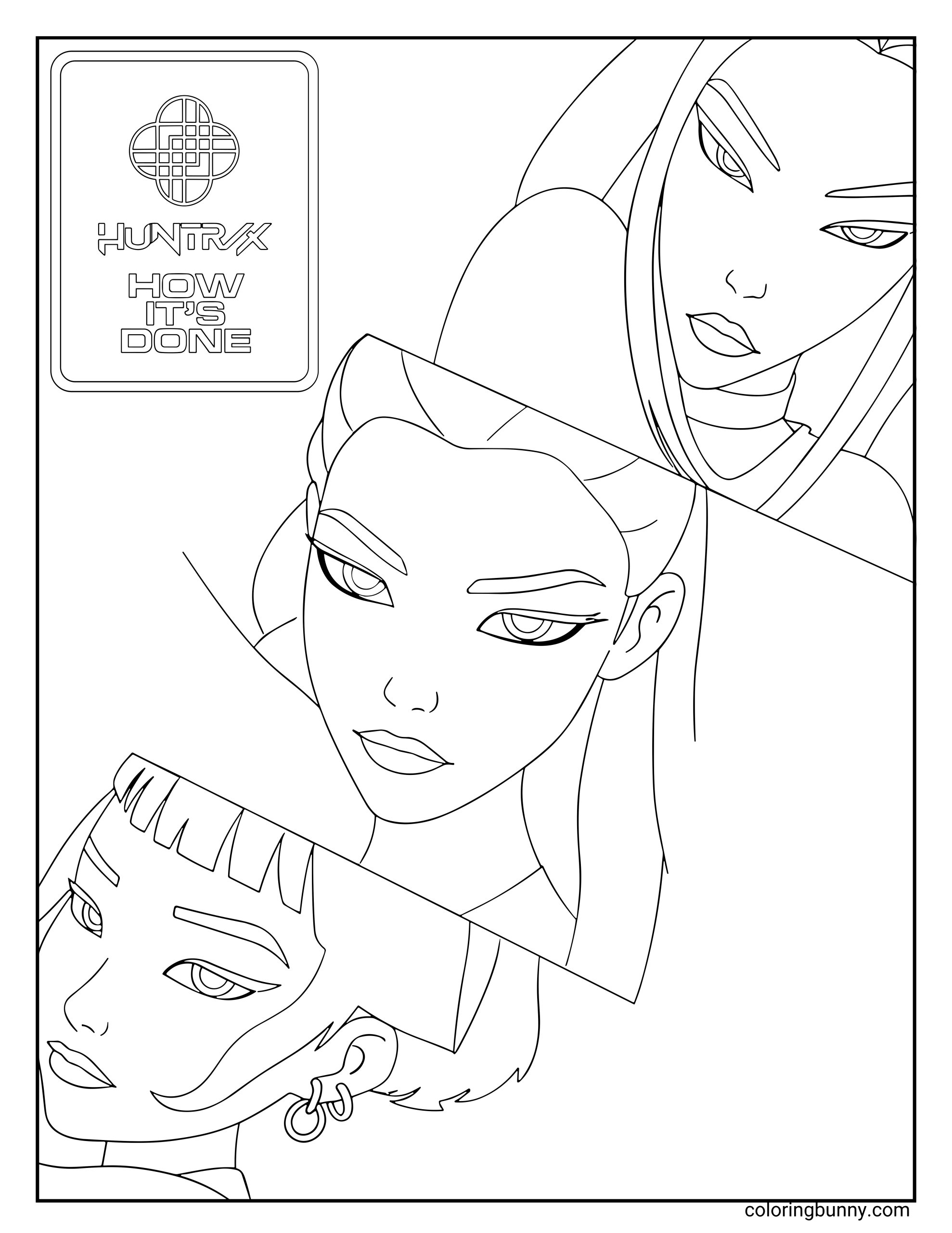 Coloring page featuring Zoey, Rumi, and Mira from KPop: Demon Hunters in a stylized “How It’s Done” promotional poster layout, showing close-up portraits of each member with confident, determined expressions.