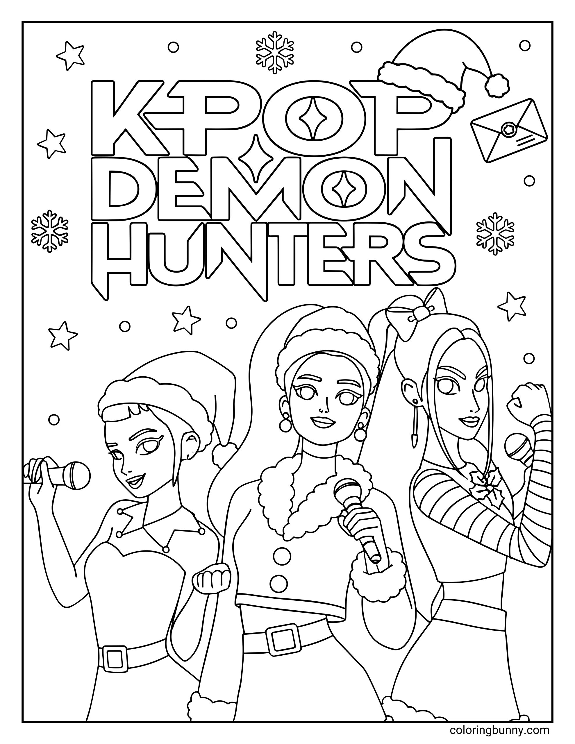 A Christmas Huntrix coloring page featuring the three main KPop Demon Hunters Zoey, Rumi and Mira performing in Santa-style outfits under a snowy “K-POP DEMON HUNTERS” logo, surrounded by stars, snowflakes, and holiday cheer.