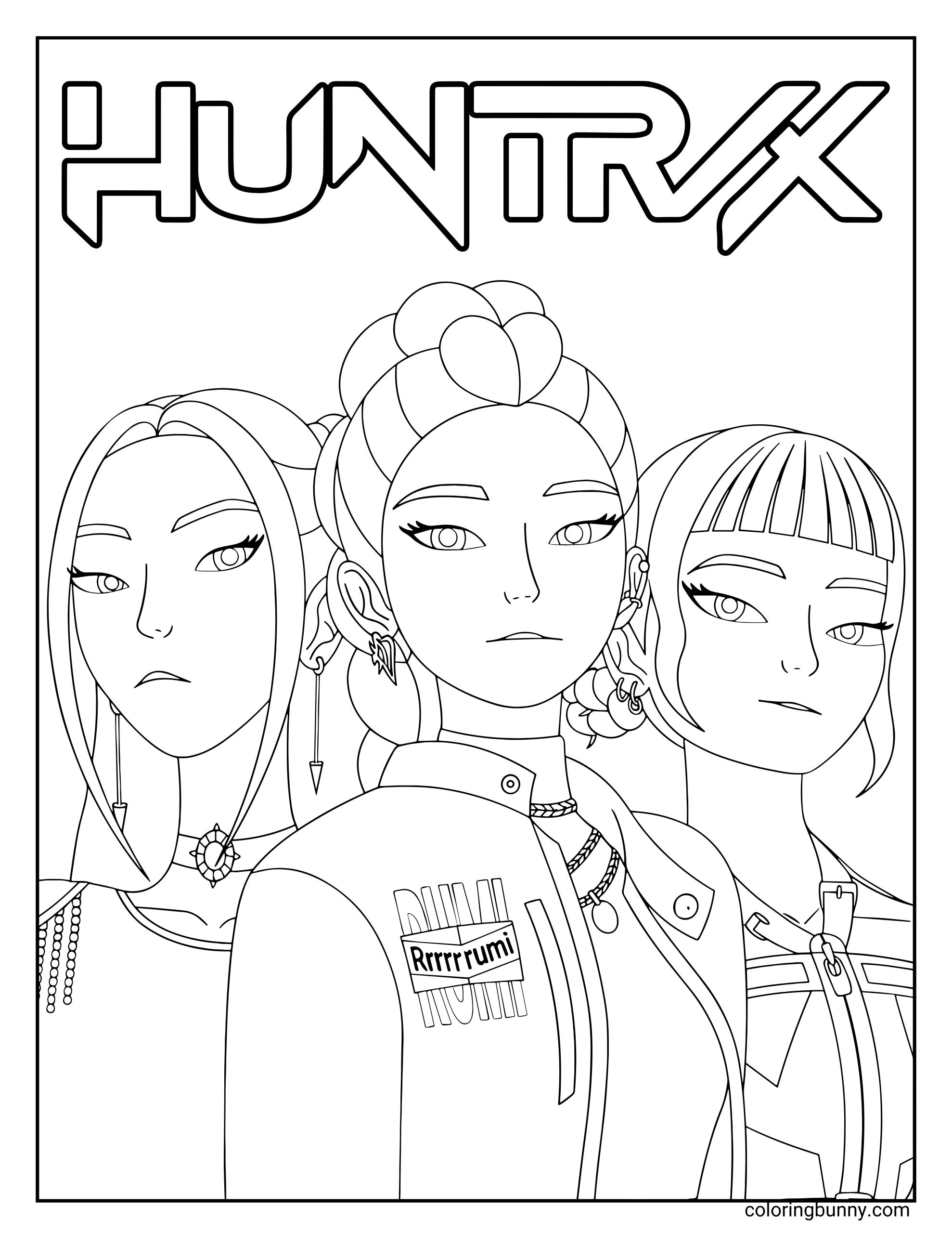 Coloring page of the trio Zoey, Rumi, and Mira from KPop: Demon Hunters, standing confidently together under the bold “HUNTRIX” logo, showcasing their stylish outfits and fierce expressions.