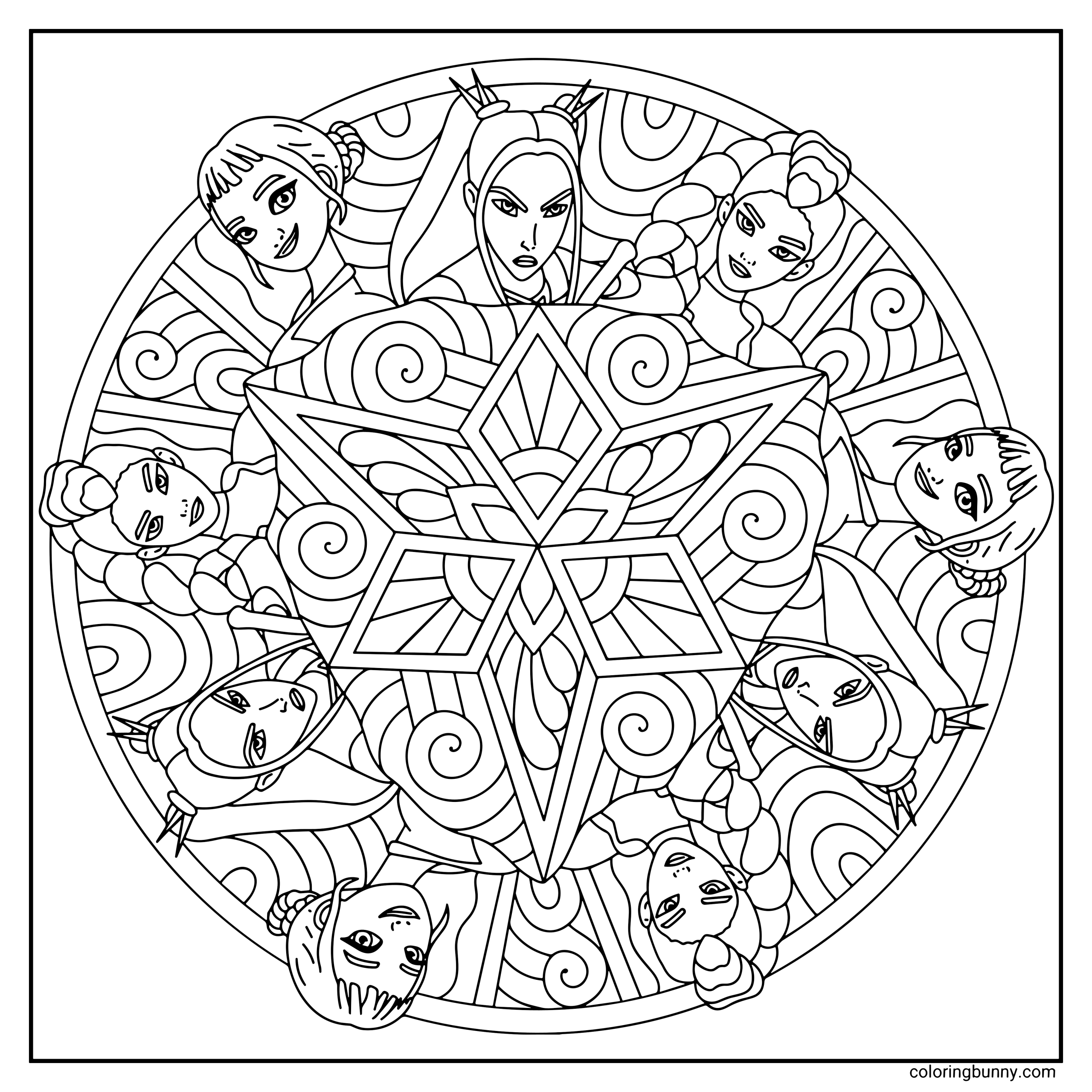 A KPop Demon Hunters mandala coloring page featuring the full Huntrix group arranged in a circular design. The mandala includes portraits of all the members; Zoey, Mira and Rumi positioned around a large, geometric star at the center. Swirling lines and bold shapes fill the background, creating an energetic and decorative pattern.