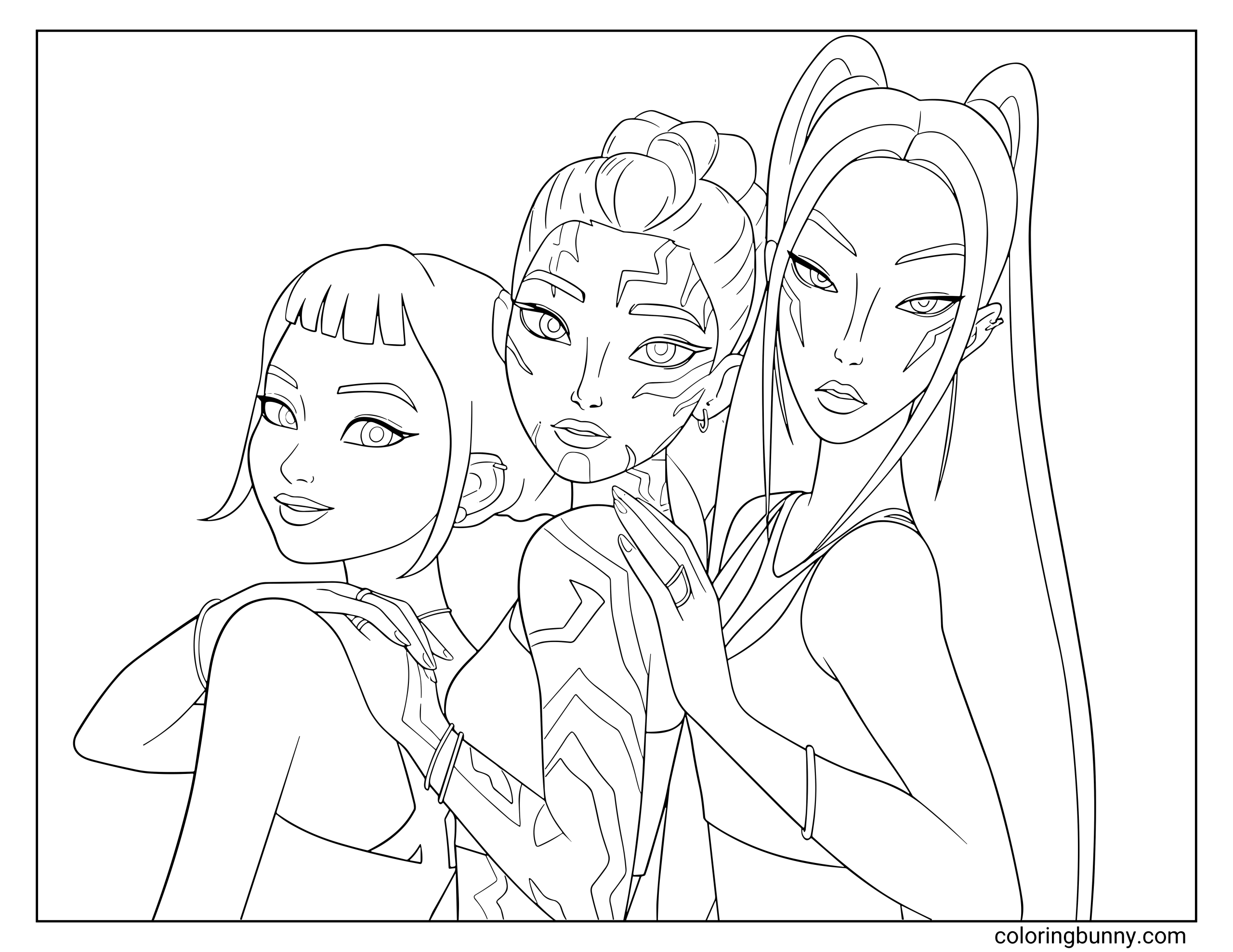 Coloring page featuring the Huntrix members - Zoey, Rumi and Mira from KPop: Demon Hunters - posing together with confident and stylish expressions.