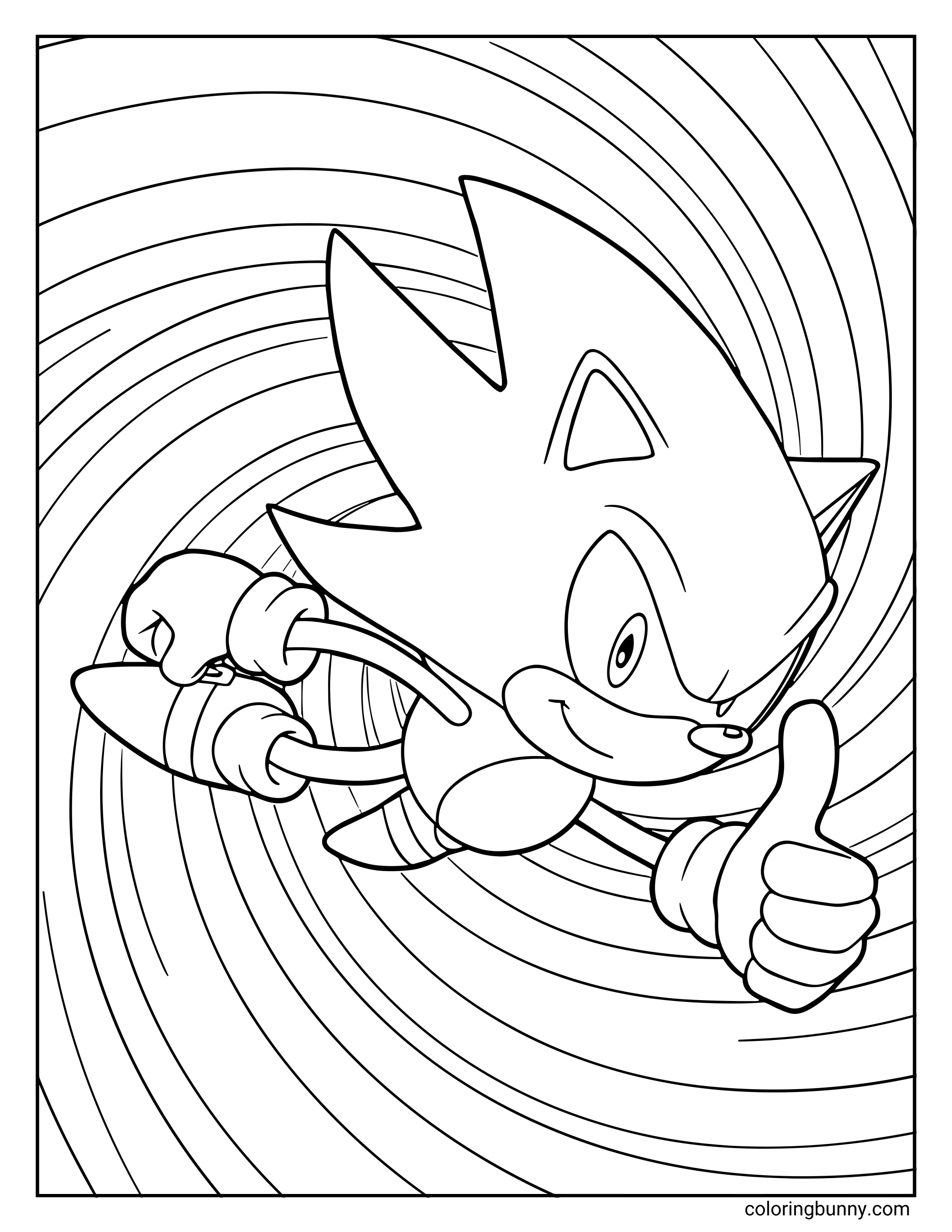Hyper Sonic coloring page from Sonic 3 & Knuckles featuring Sonic flying forward with a confident smile and giving a thumbs-up. He’s surrounded by a swirling, rainbow-colored energy vortex that radiates speed and power.