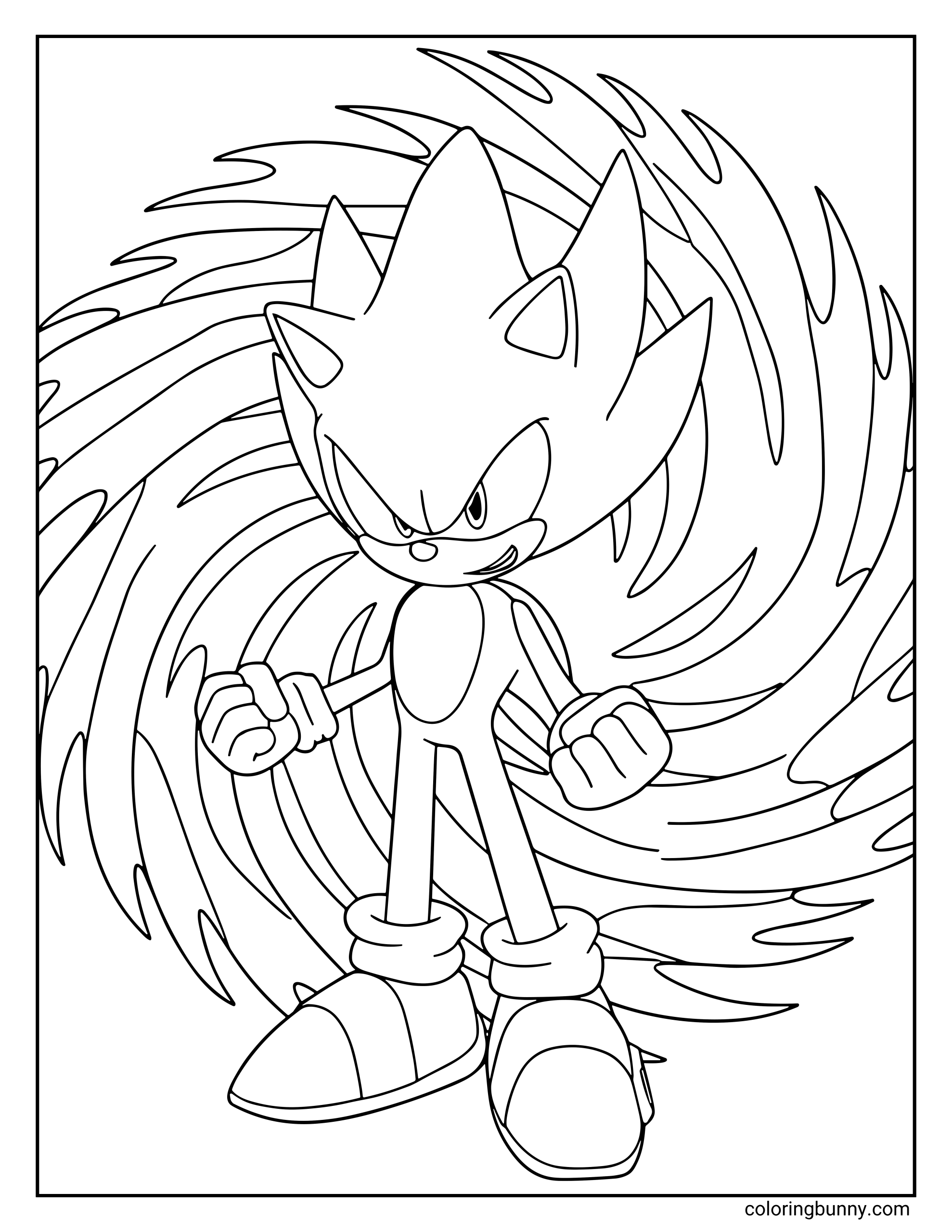 Hyper Sonic coloring page featuring Sonic in his ultimate transformation, standing confidently with fists clenched and surrounded by a swirling, rainbow-colored energy aura. His quills are spiked upward, and the background shows powerful motion lines radiating outward, emphasizing his immense power and speed.