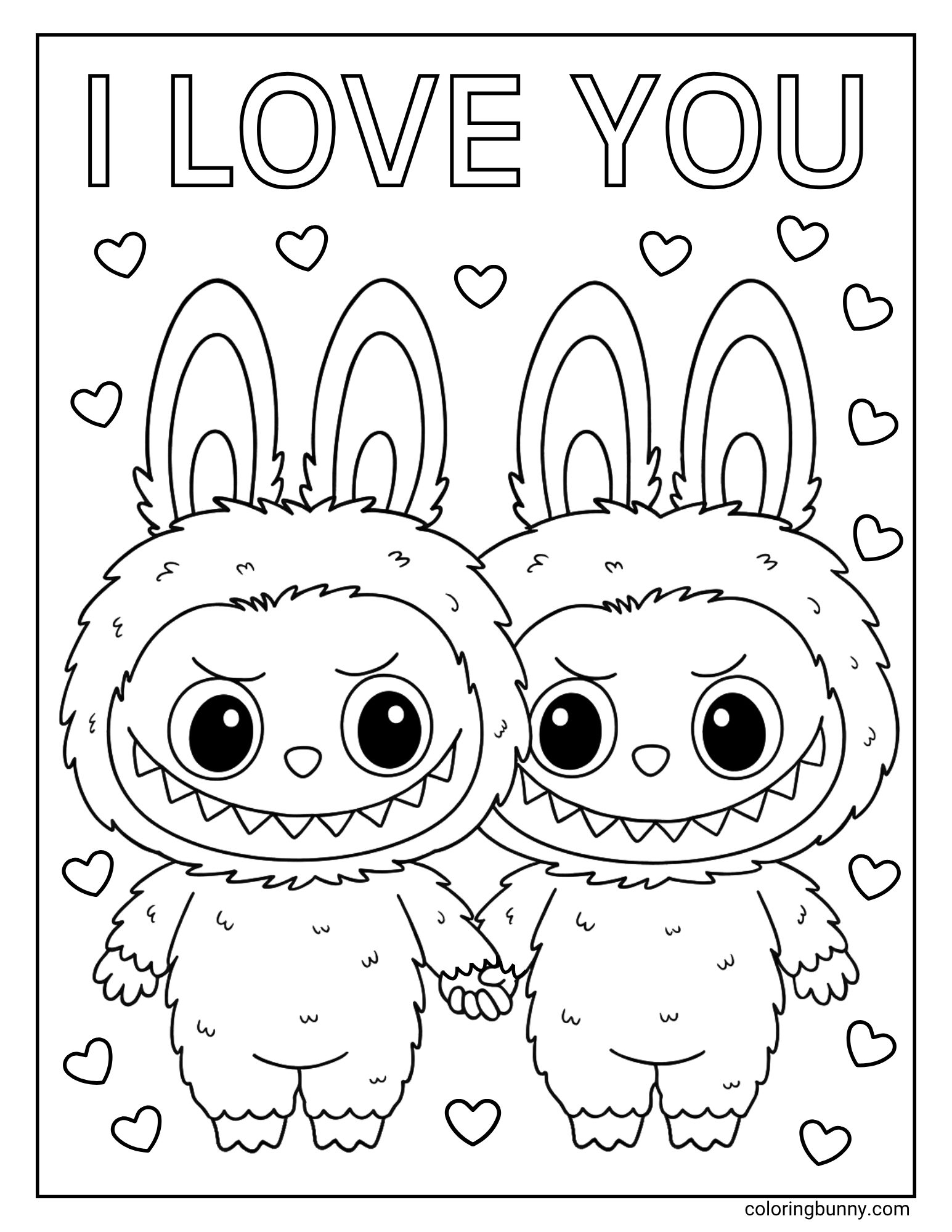 A black and white Labubu coloring page with the words "I LOVE YOU" at the top, showing two Labubu characters holding hands with hearts floating around them.