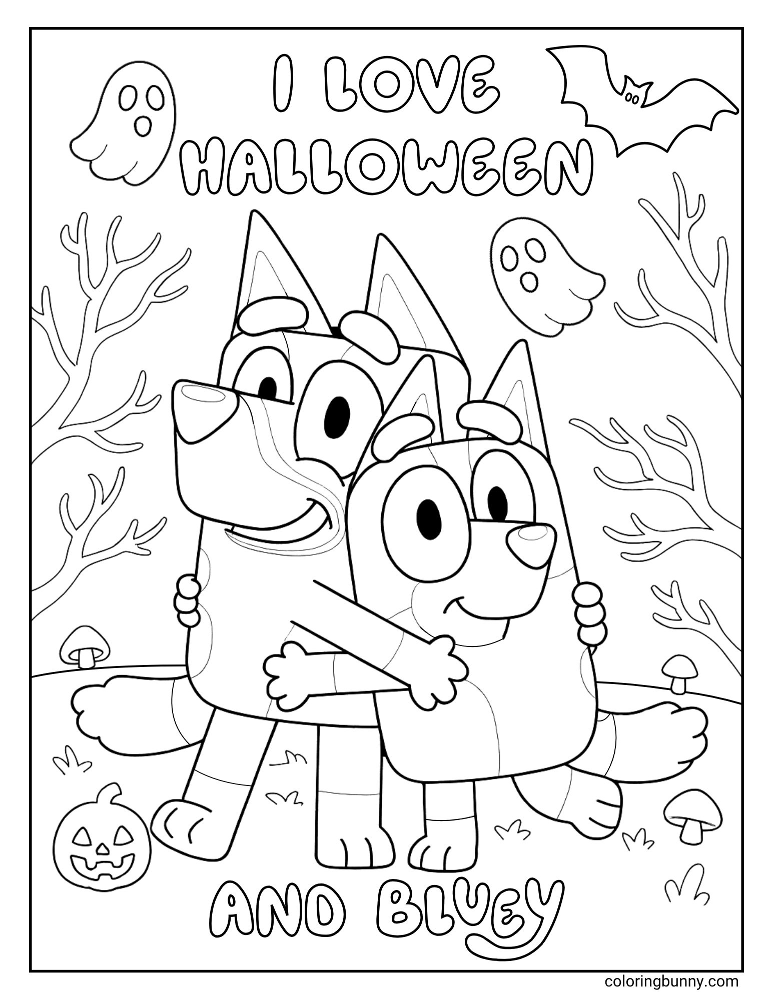 A funny and sweet Bluey Halloween coloring sheet with the text 'I Love Halloween and Bluey'. The cartoon characters Bluey and Bingo are in the center, with Bluey giving her little sister a big, tight hug in a spooky forest surrounded by ghosts and pumpkins.