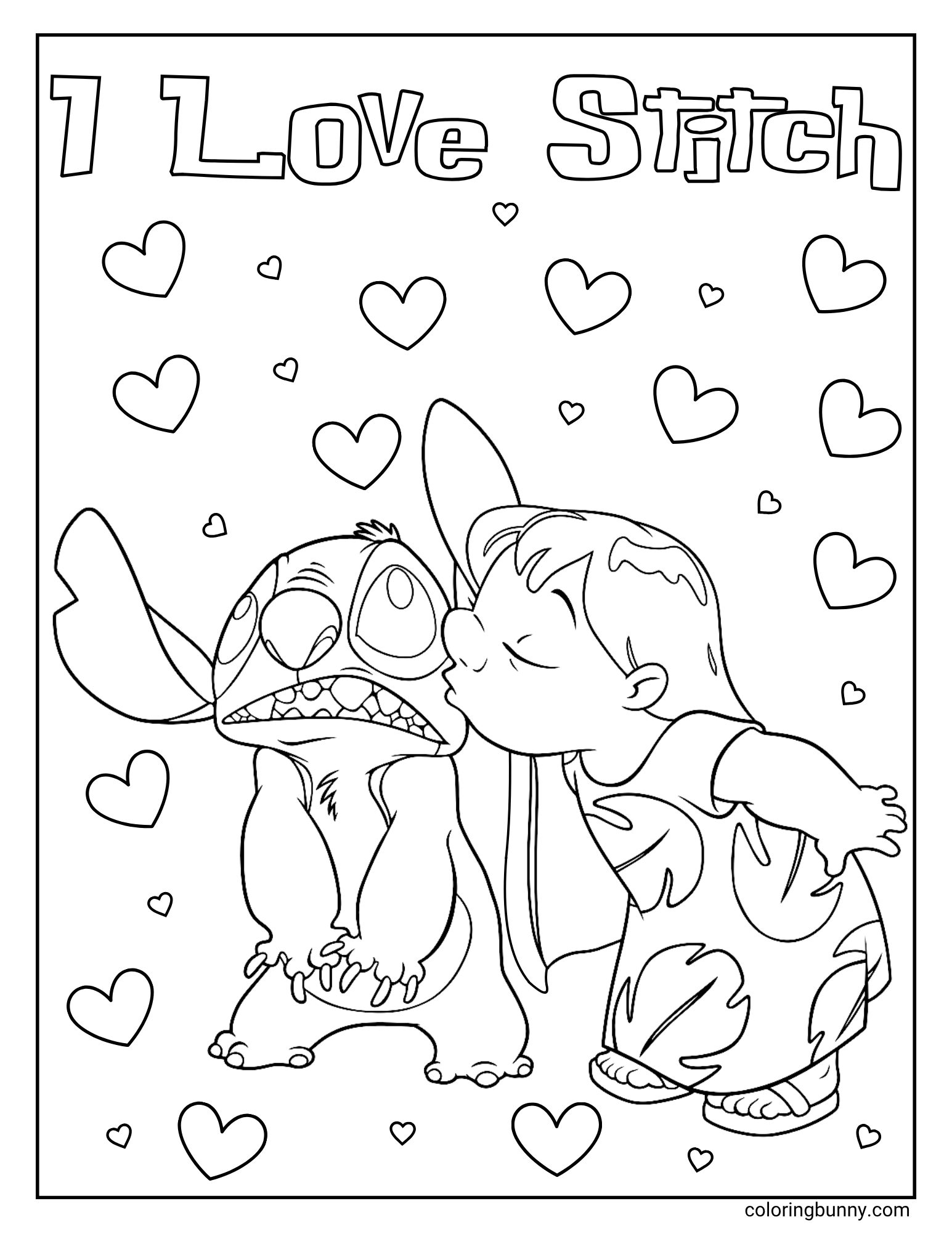 A Lilo and Stitch coloring page of the Disney characters Lilo and Stitch, with the text 'I Love Stitch' at the top. The scene shows Lilo giving a reluctant-looking Stitch a big kiss on the cheek, surrounded by a background of floating hearts.
