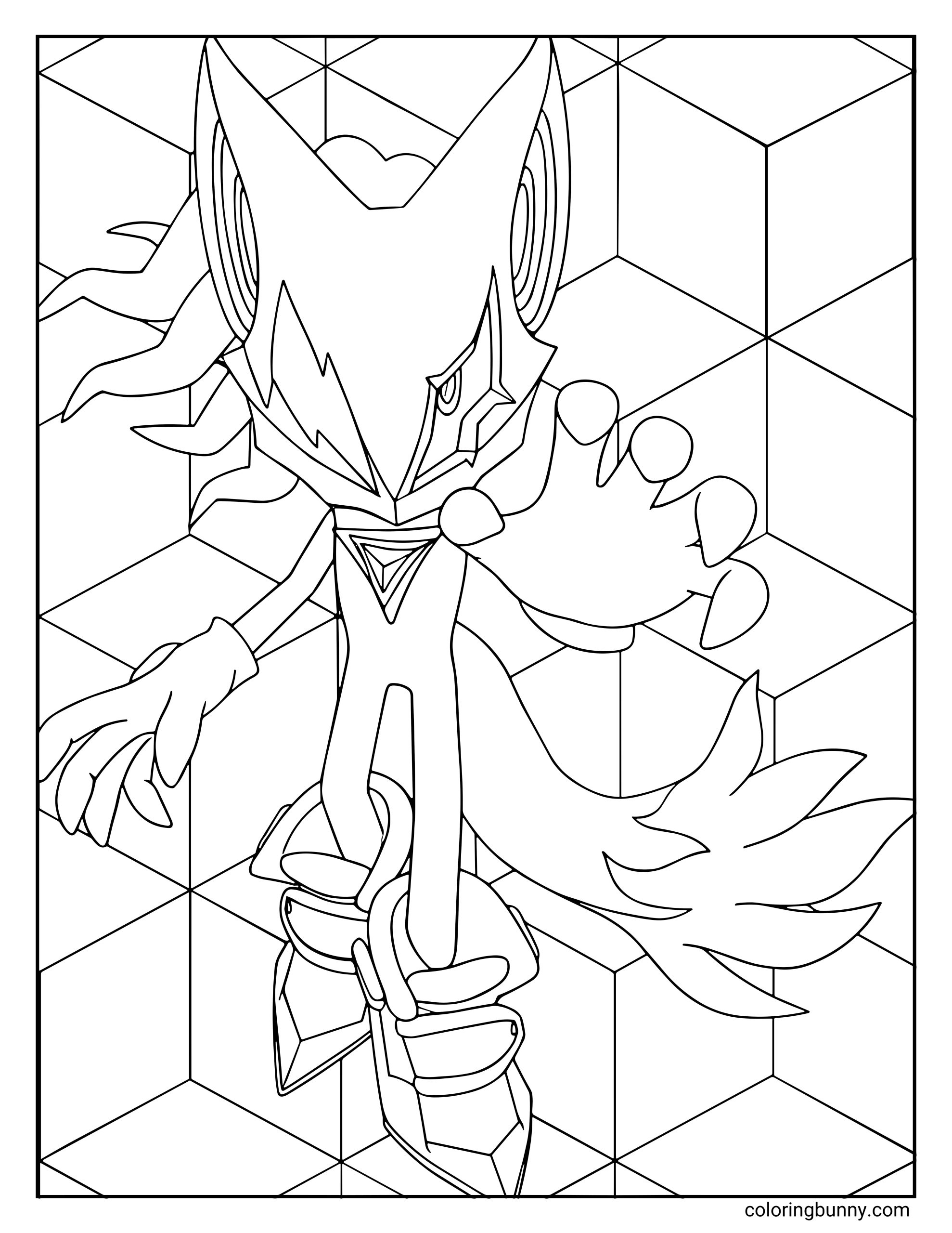 Infinite coloring page featuring the masked jackal from Sonic Forces, standing powerfully on a geometric cube illusion background with his hand raised and energy flowing around him.