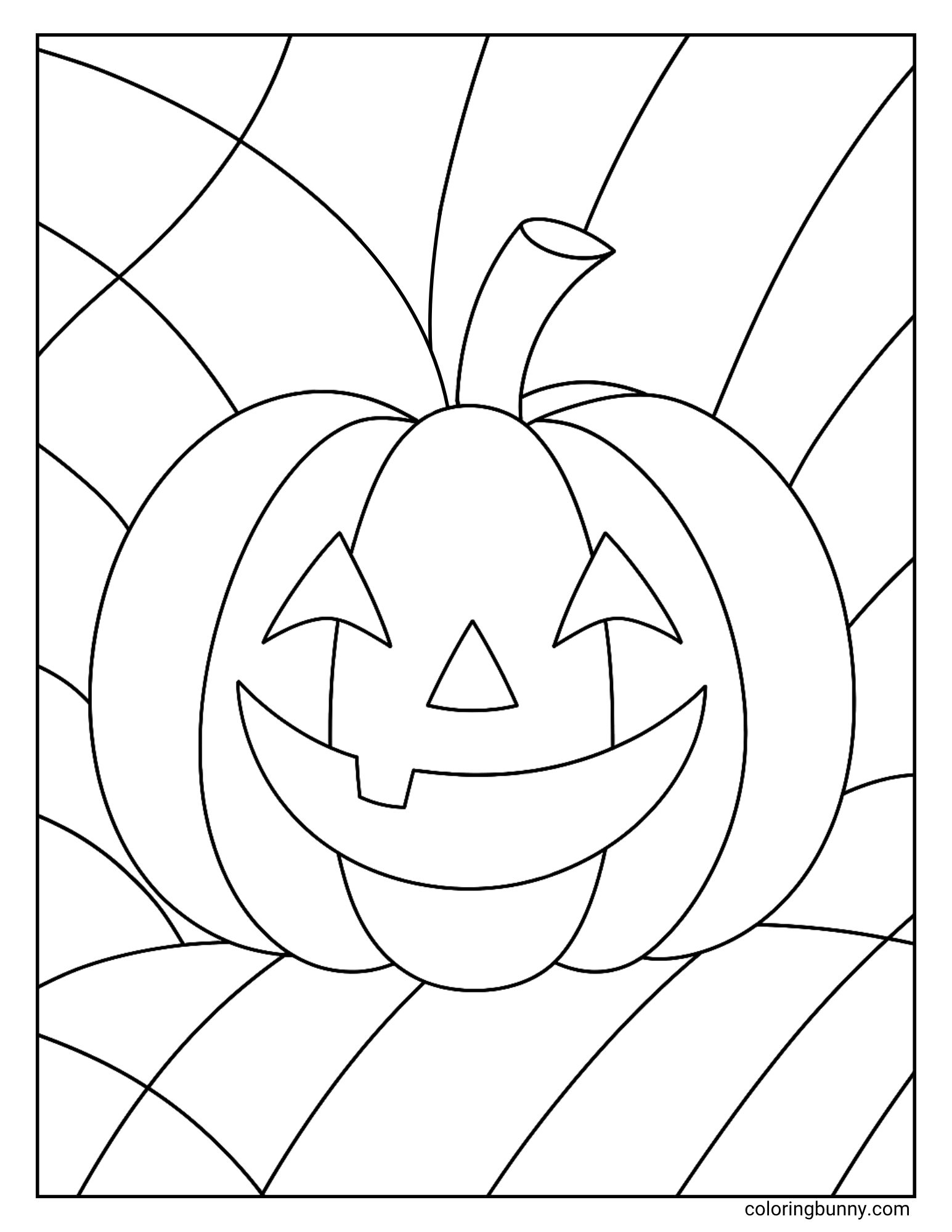 A simple geometric Jack O Lantern coloring page for kids featuring a large, smiling jack-o'-lantern. The pumpkin is set against an abstract background made of curved, intersecting lines, creating a cool stained-glass or mosaic effect to color in.